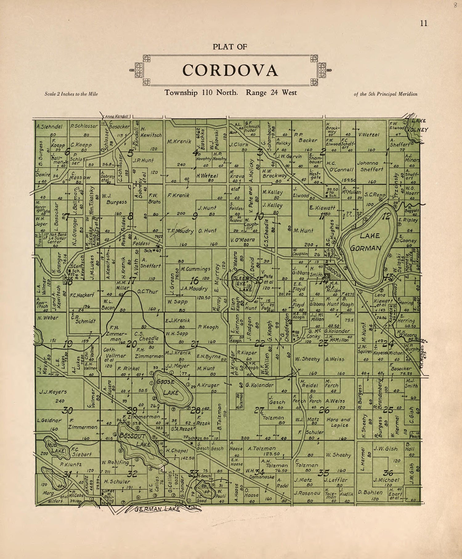 This old map of Plat of Cordova from Plat Book of Le Sueur County, Minnesota from 1928 was created by L. W. Prendergast in 1928