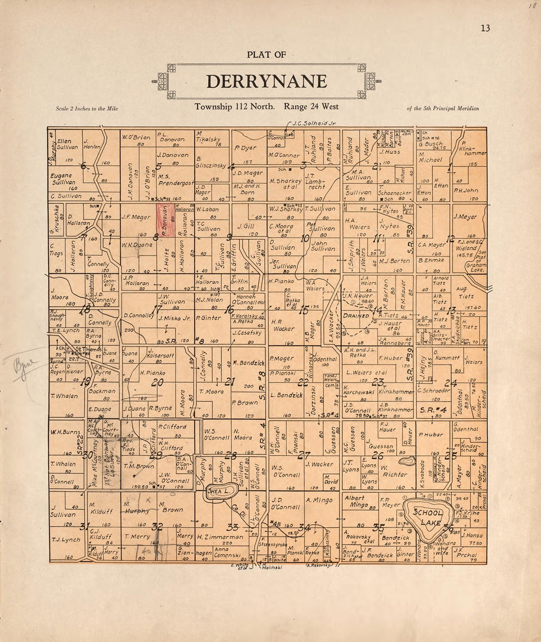 This old map of Plat of Derrynane from Plat Book of Le Sueur County, Minnesota from 1928 was created by L. W. Prendergast in 1928