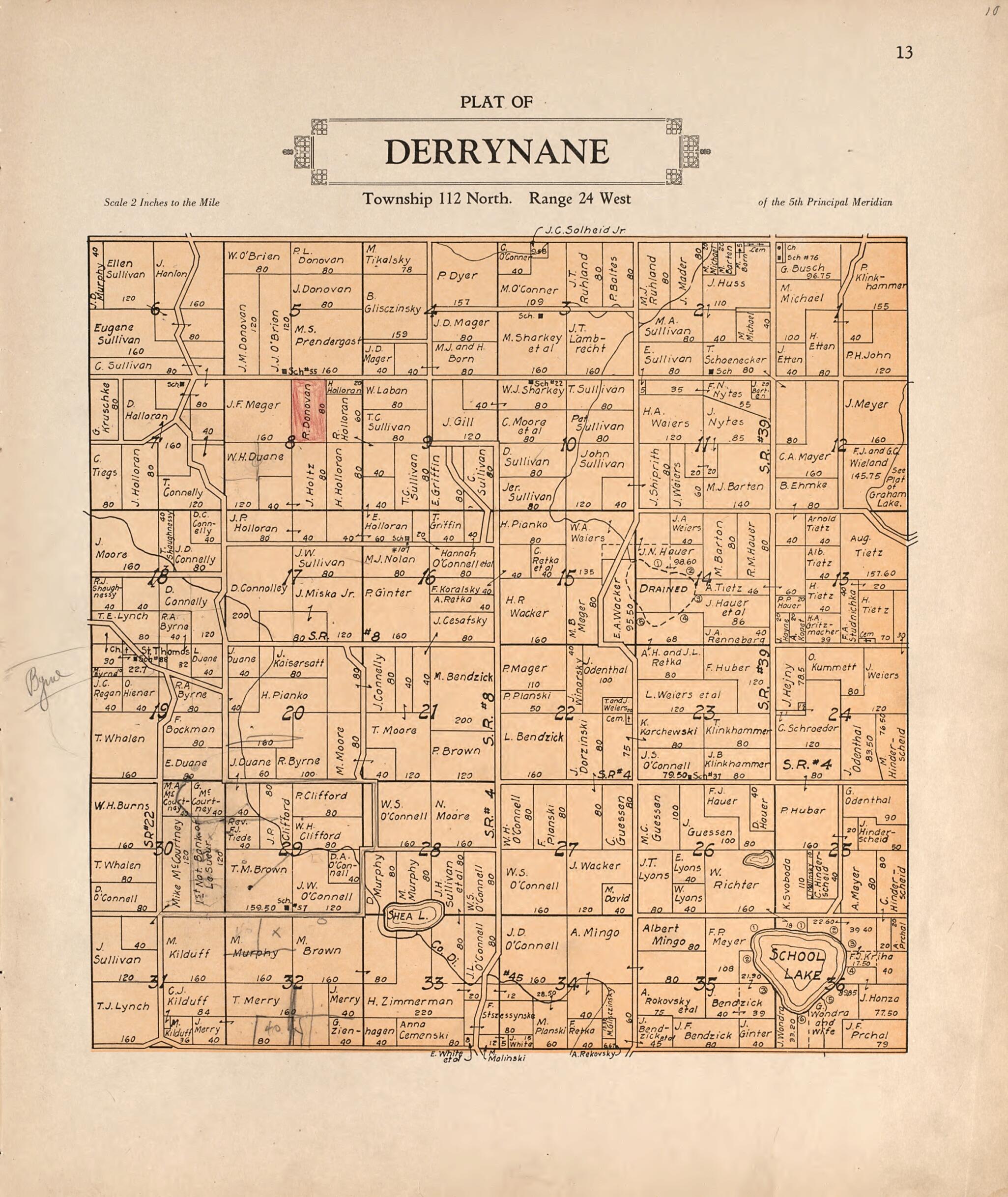 This old map of Plat of Derrynane from Plat Book of Le Sueur County, Minnesota from 1928 was created by L. W. Prendergast in 1928