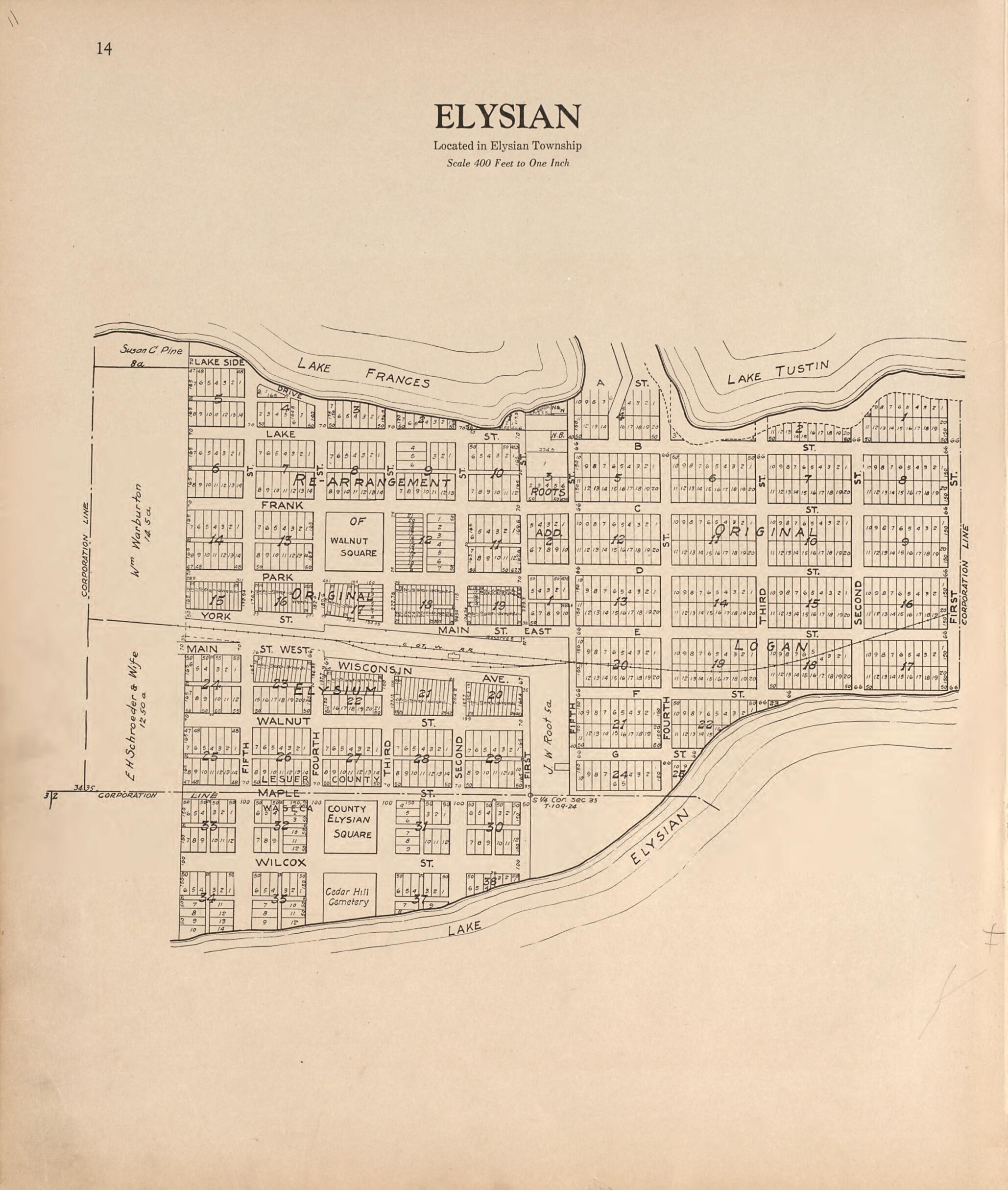 This old map of Elysian from Plat Book of Le Sueur County, Minnesota from 1928 was created by L. W. Prendergast in 1928