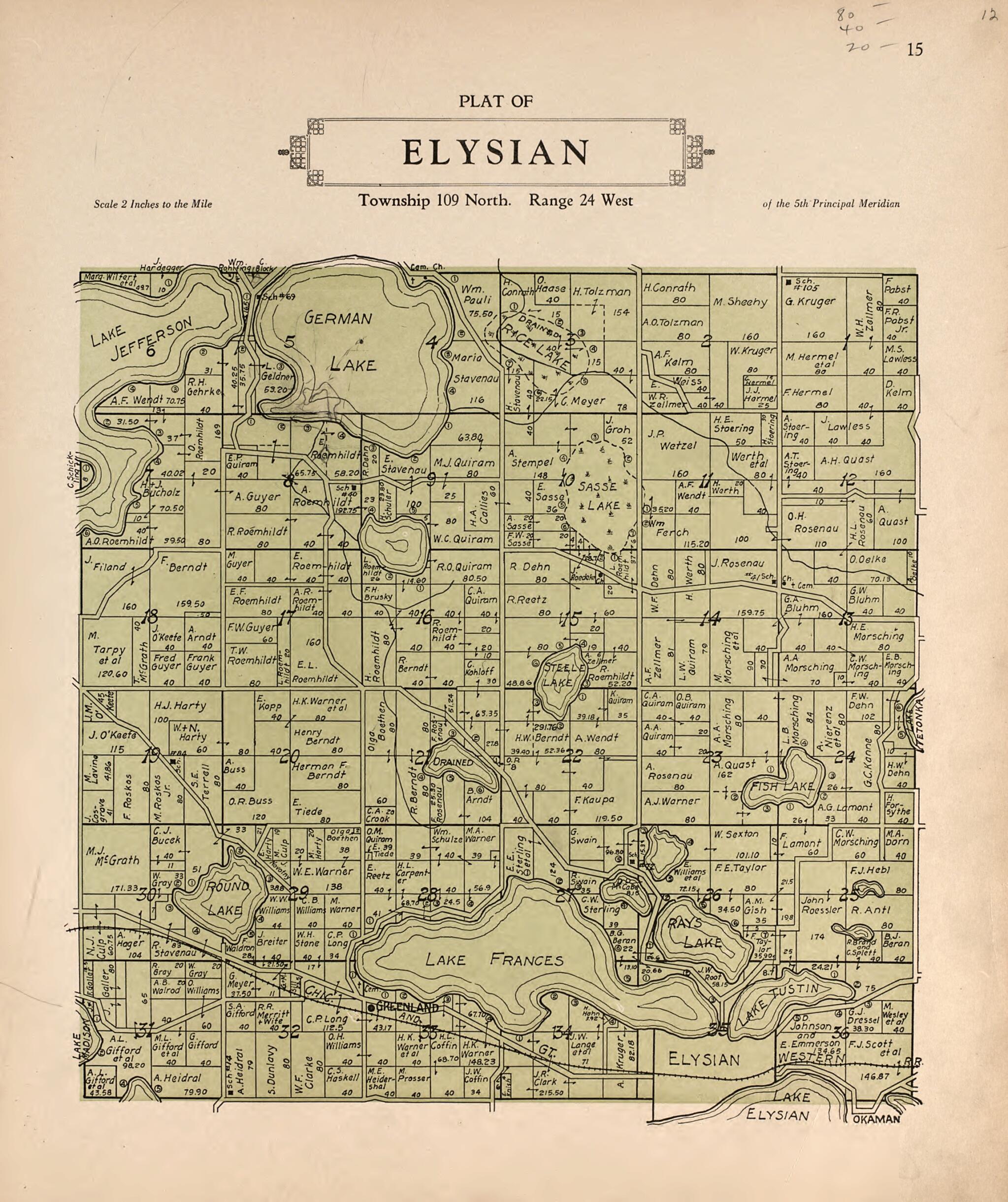 This old map of Plat of Elysian from Plat Book of Le Sueur County, Minnesota from 1928 was created by L. W. Prendergast in 1928