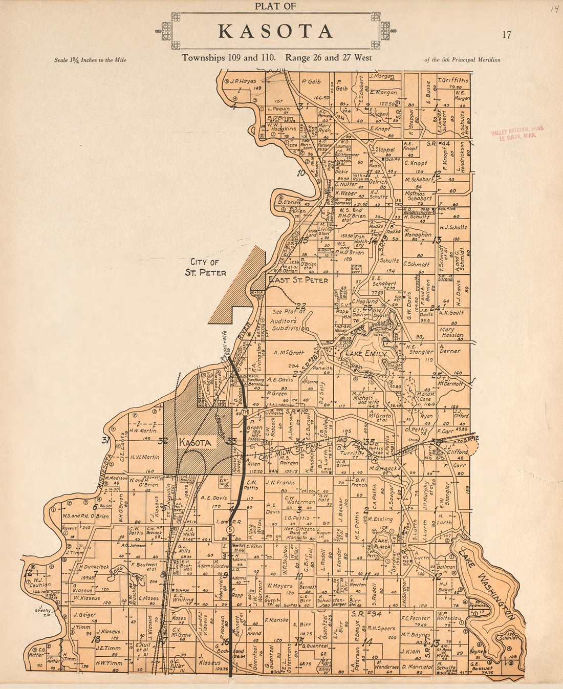 This old map of Plat of Kasota from Plat Book of Le Sueur County, Minnesota from 1928 was created by L. W. Prendergast in 1928