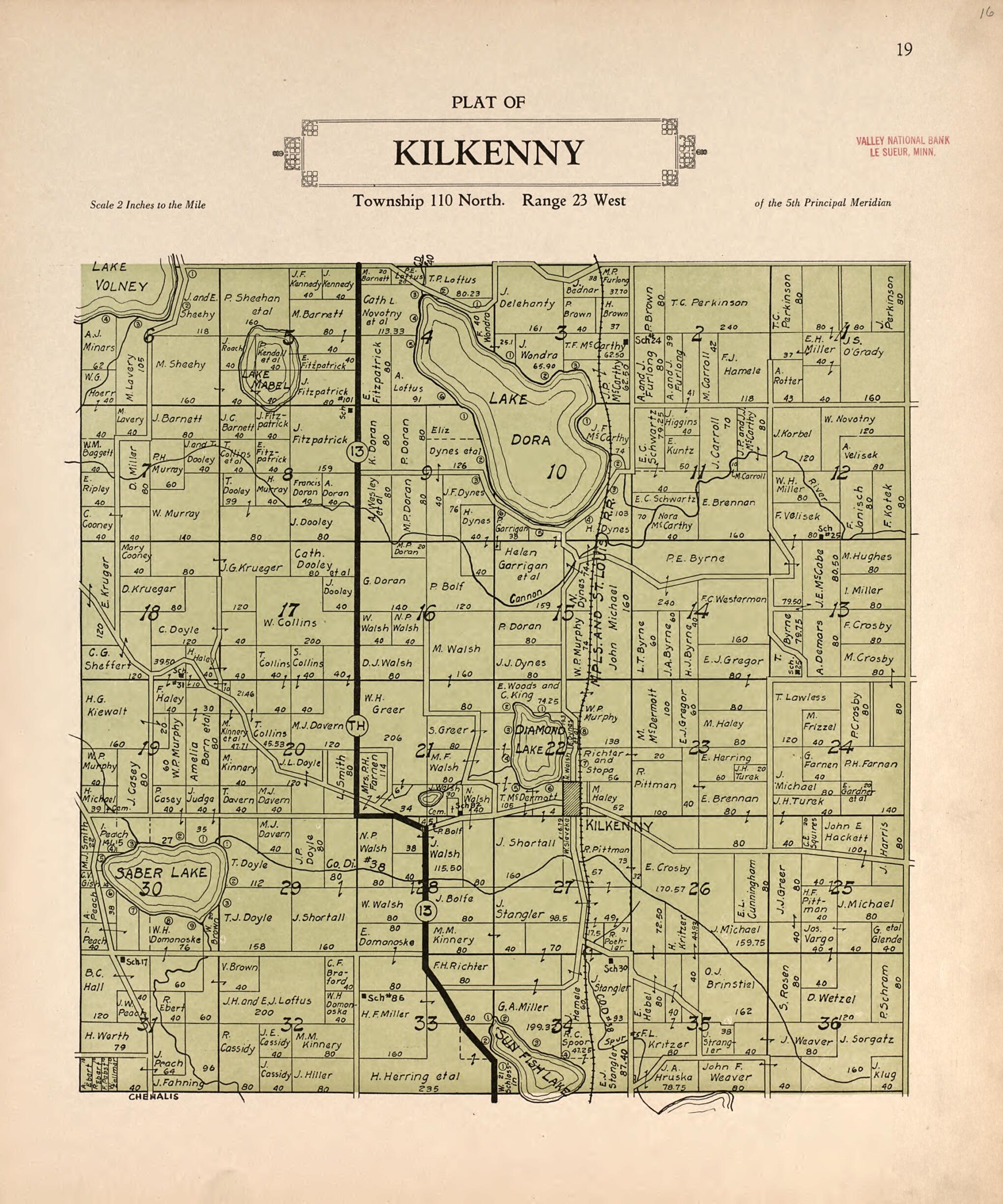 This old map of Plat of Kilkenny from Plat Book of Le Sueur County, Minnesota from 1928 was created by L. W. Prendergast in 1928