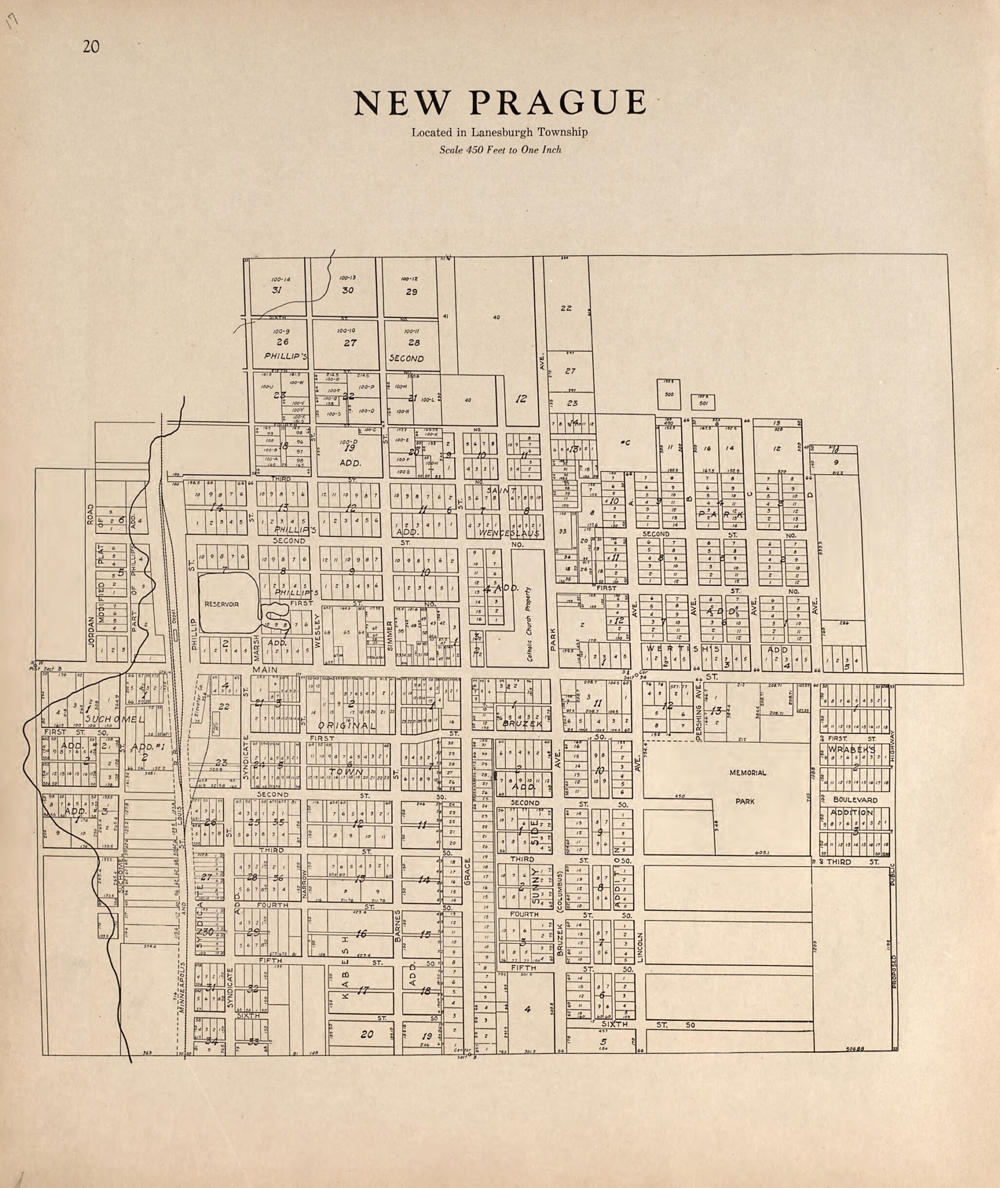 This old map of New Prague from Plat Book of Le Sueur County, Minnesota from 1928 was created by L. W. Prendergast in 1928