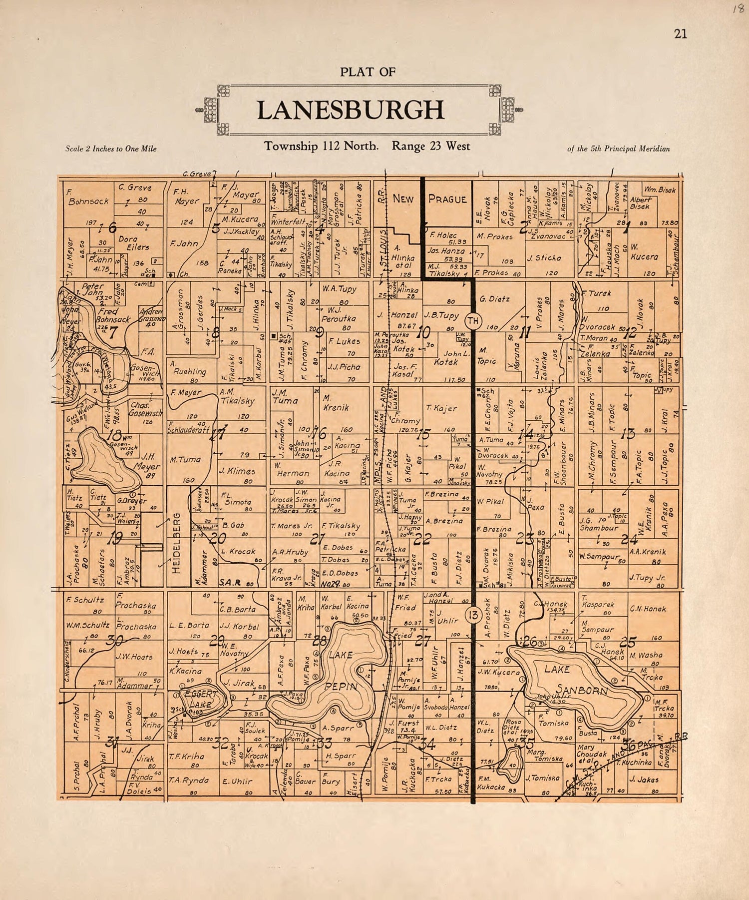 This old map of Plat of Lanesburgh from Plat Book of Le Sueur County, Minnesota from 1928 was created by L. W. Prendergast in 1928