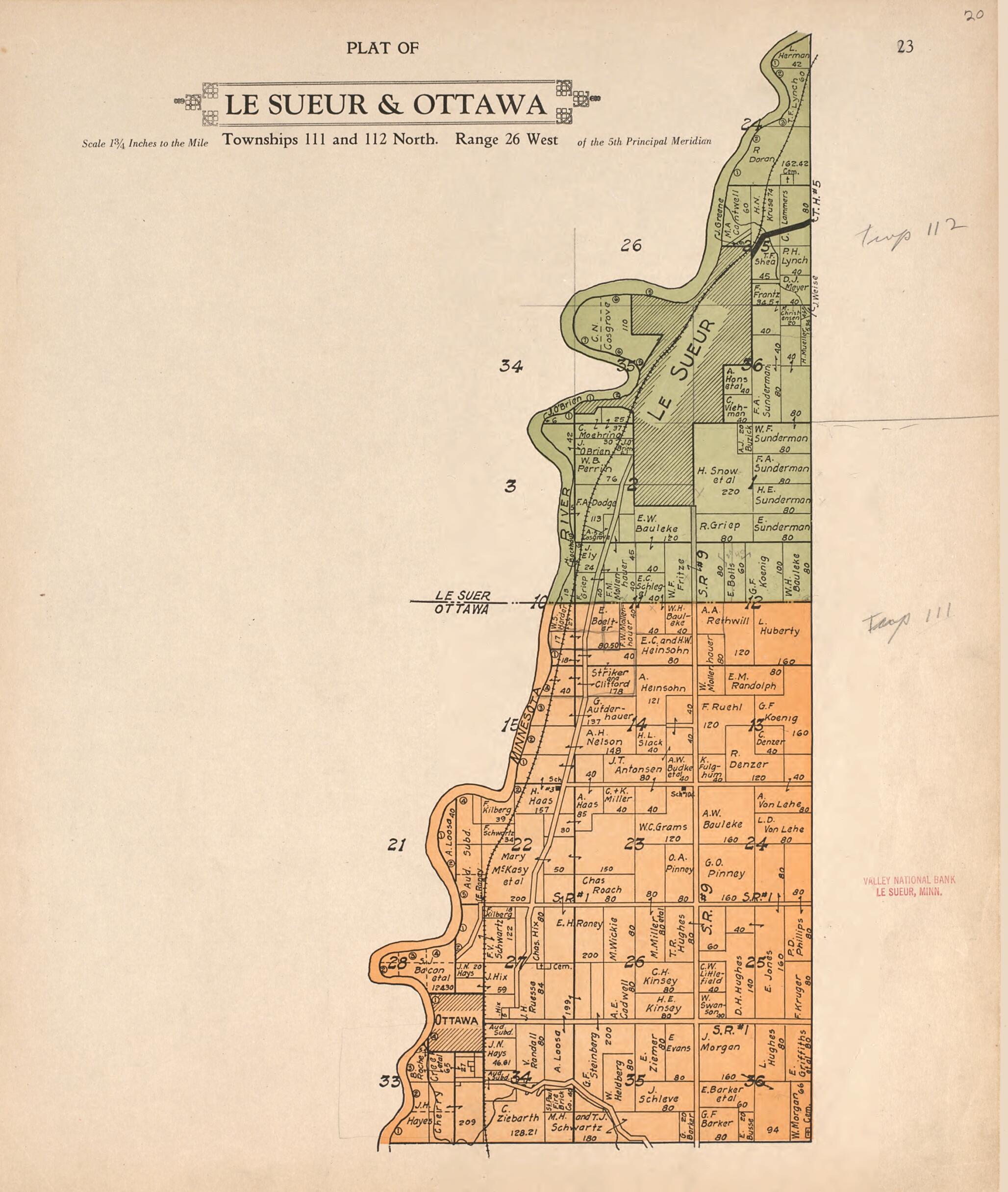 This old map of Plat of Le Sueur and Ottowa from Plat Book of Le Sueur County, Minnesota from 1928 was created by L. W. Prendergast in 1928