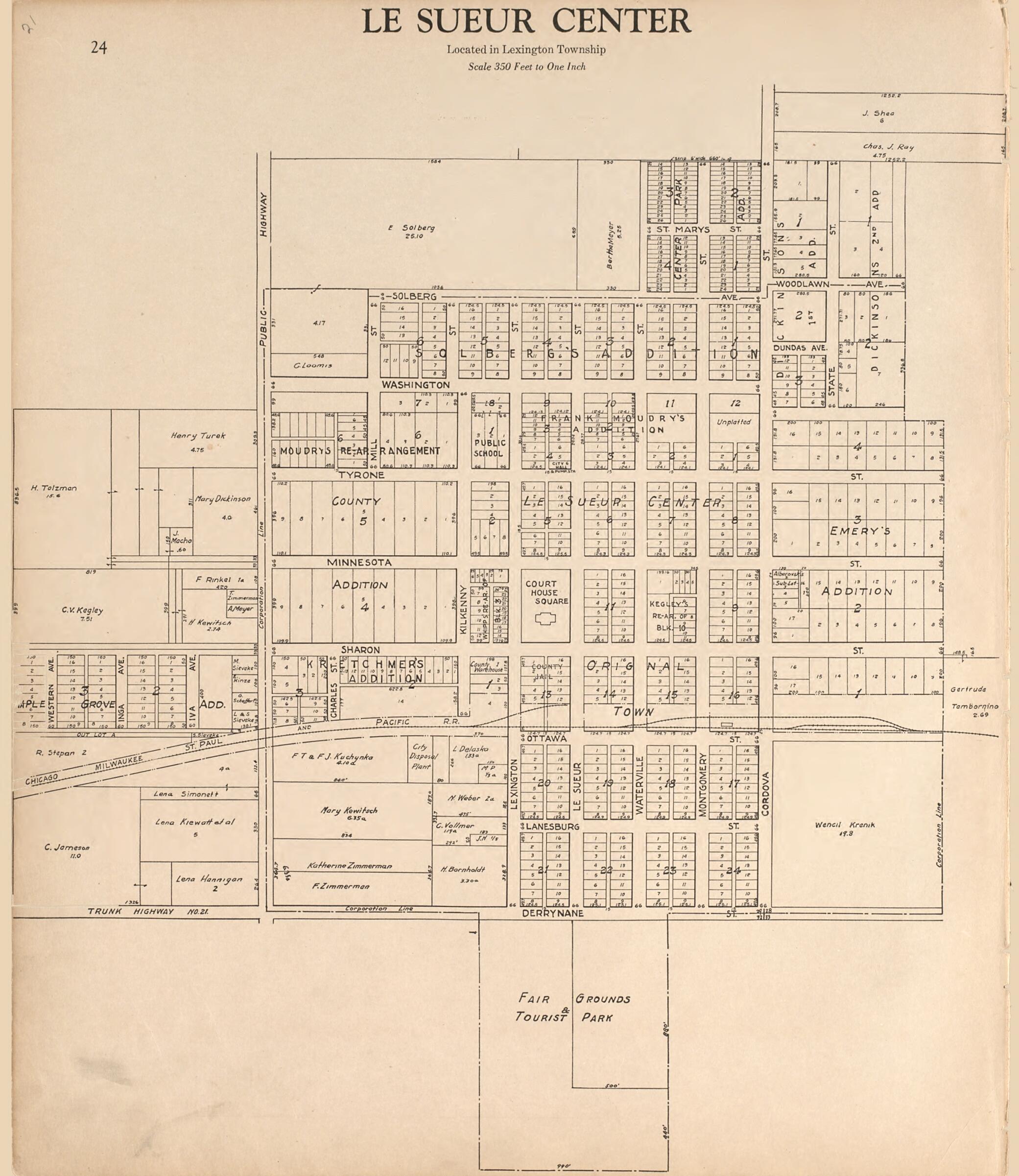 This old map of Le Sueur Center from Plat Book of Le Sueur County, Minnesota from 1928 was created by L. W. Prendergast in 1928