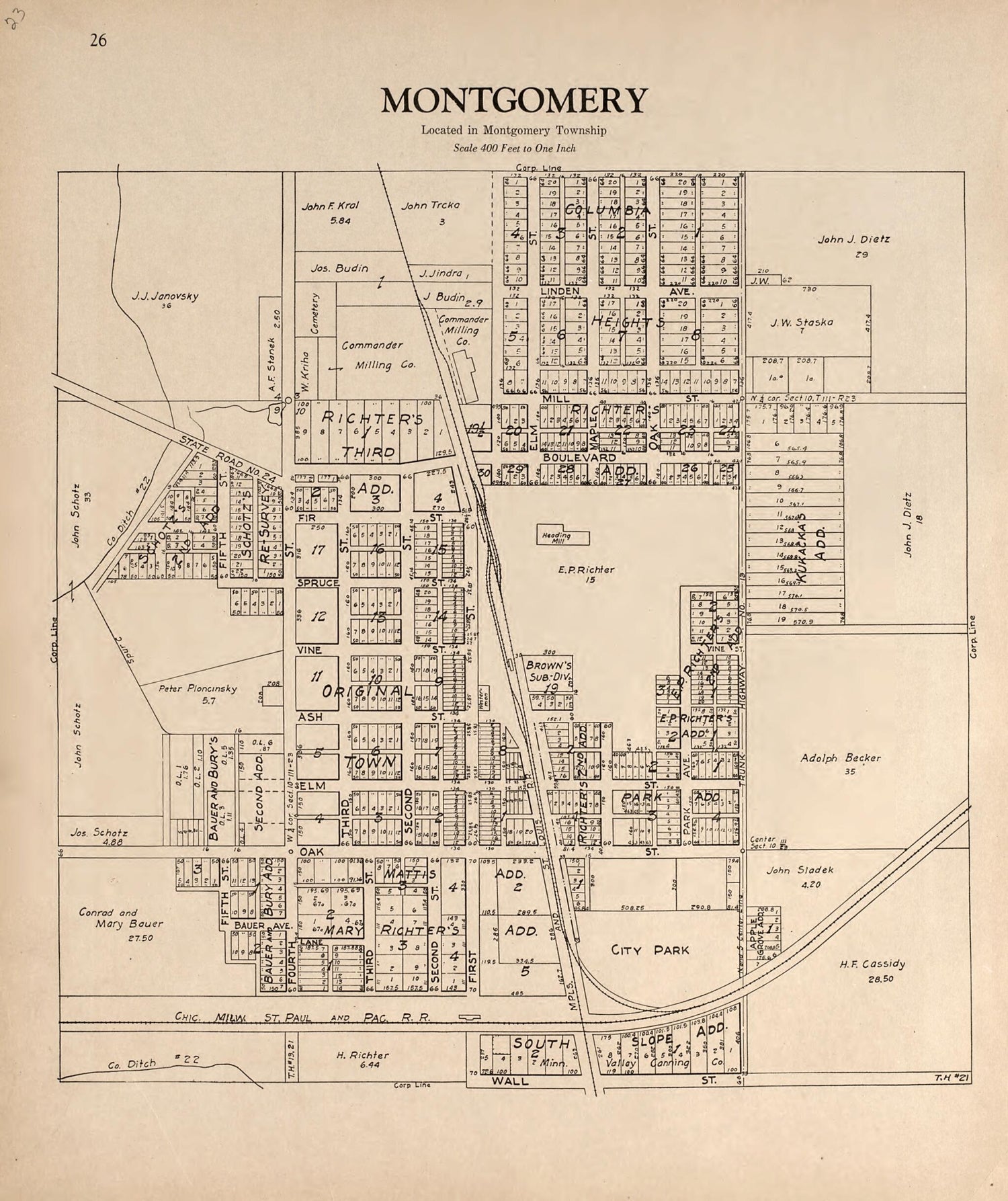 This old map of Montgomery from Plat Book of Le Sueur County, Minnesota from 1928 was created by L. W. Prendergast in 1928