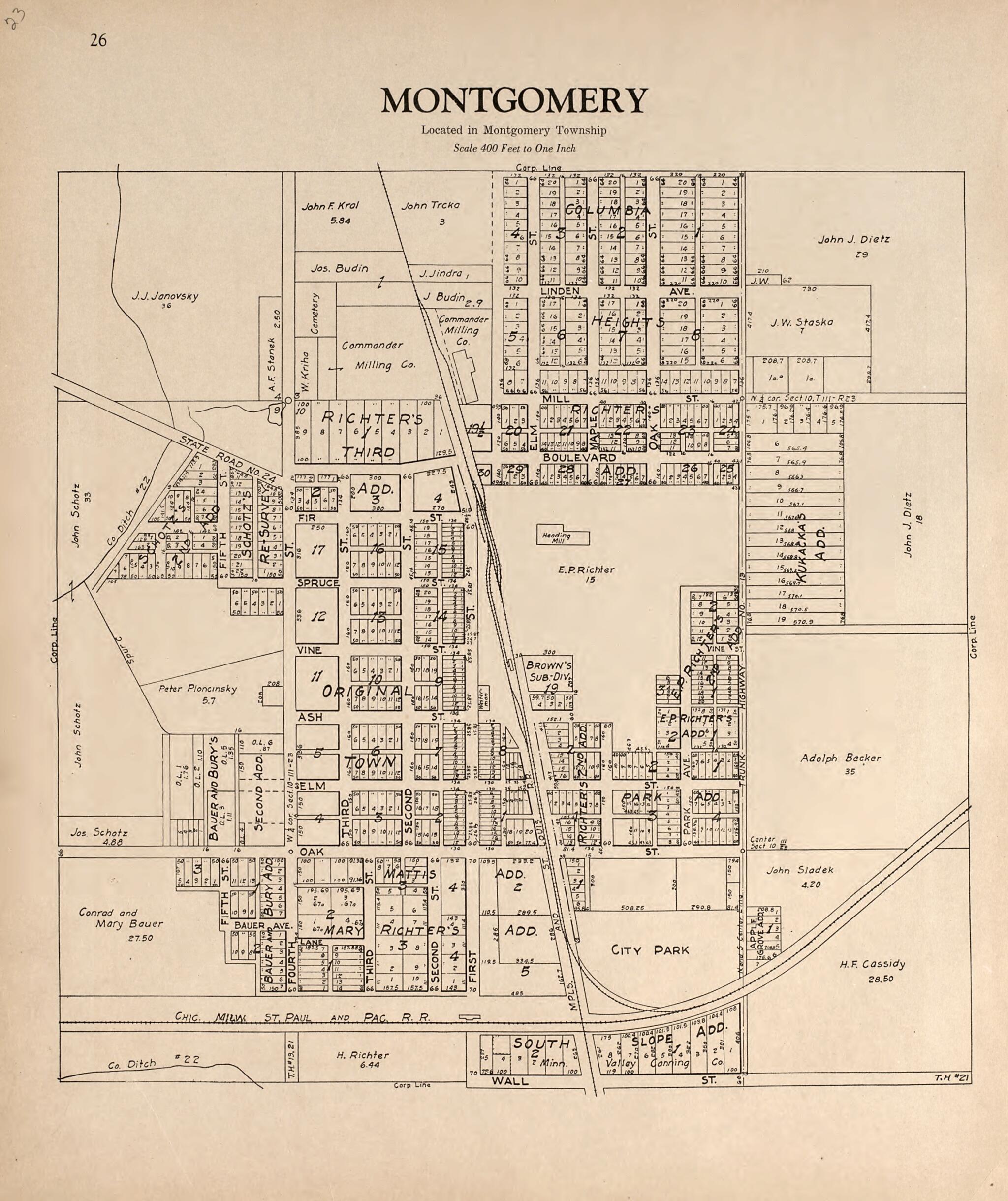 This old map of Montgomery from Plat Book of Le Sueur County, Minnesota from 1928 was created by L. W. Prendergast in 1928