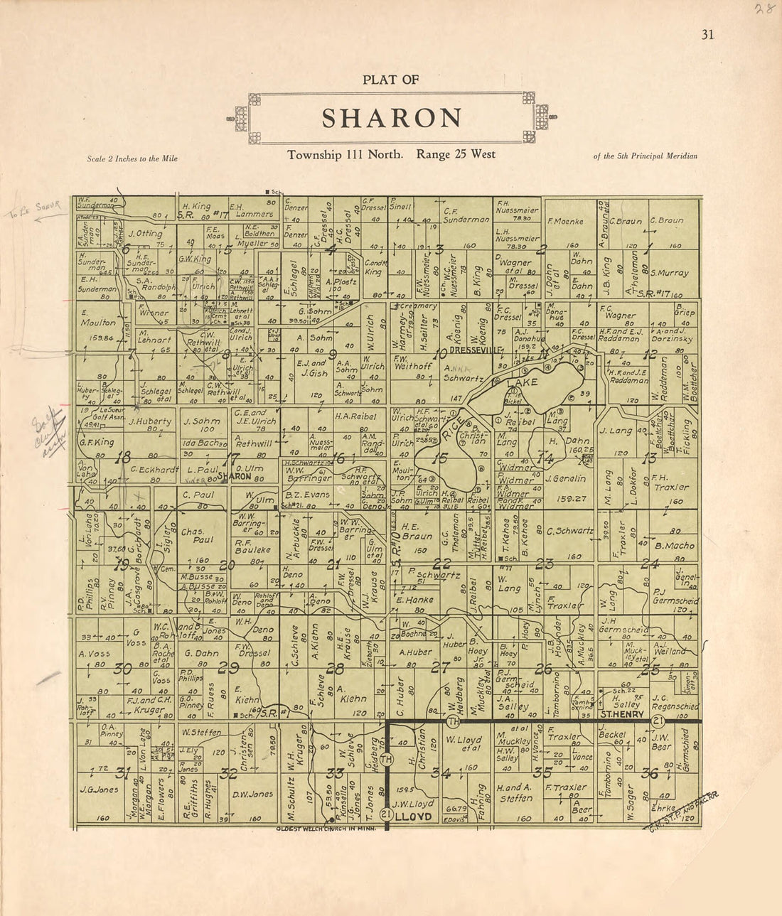 This old map of Plat of Sharon from Plat Book of Le Sueur County, Minnesota from 1928 was created by L. W. Prendergast in 1928