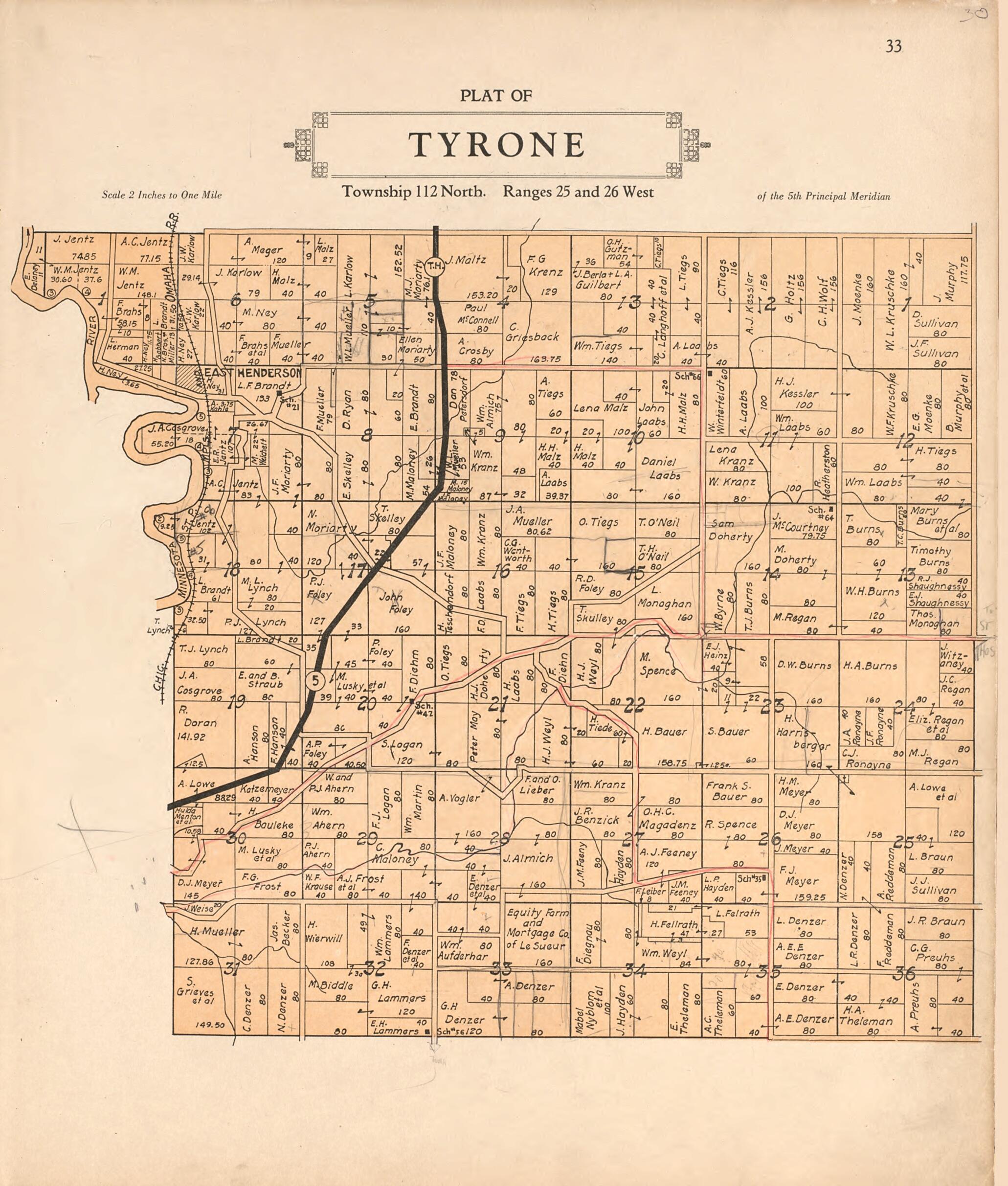 This old map of Plat of Tyrone from Plat Book of Le Sueur County, Minnesota from 1928 was created by L. W. Prendergast in 1928