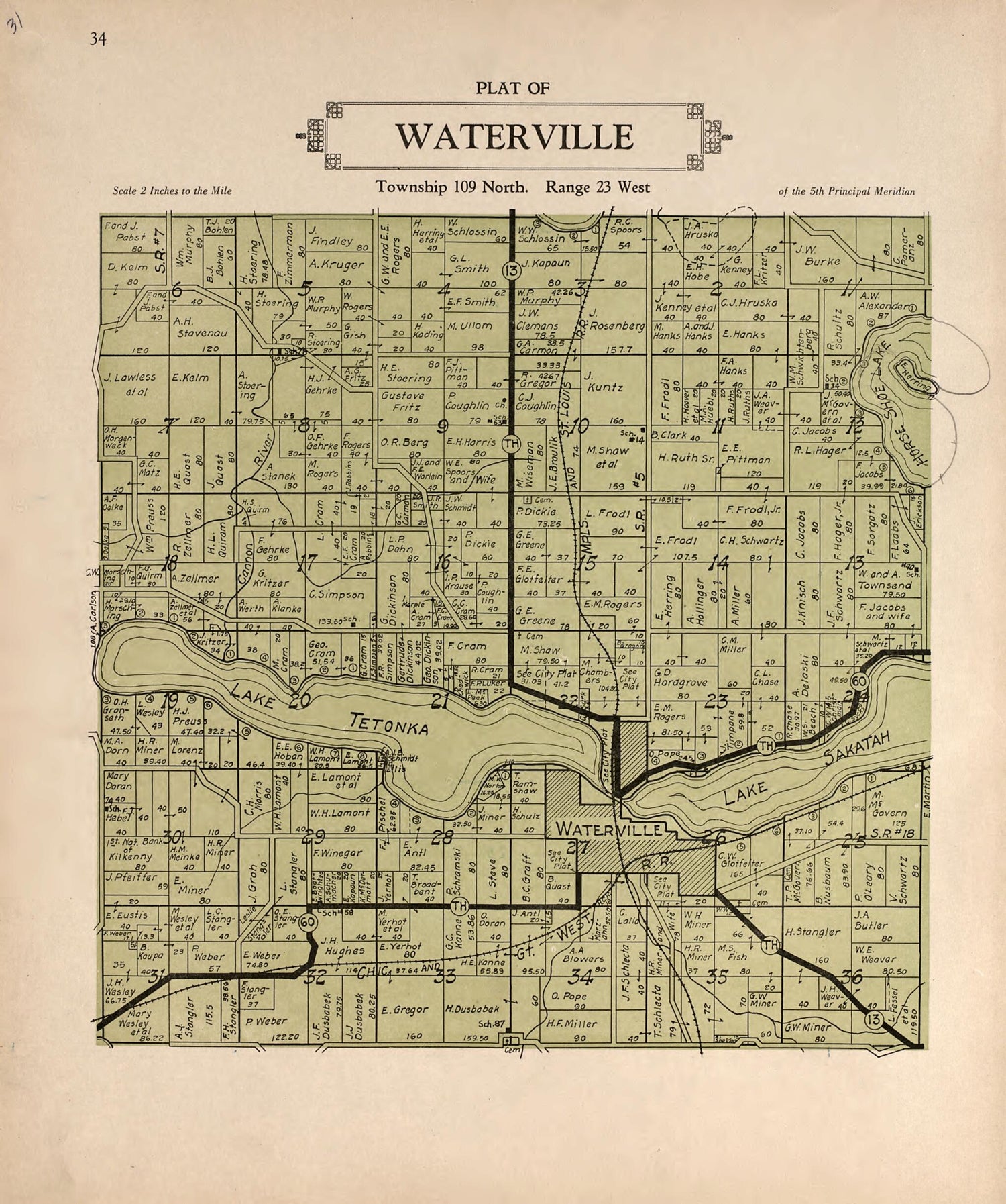 This old map of Plat of Waterville from Plat Book of Le Sueur County, Minnesota from 1928 was created by L. W. Prendergast in 1928