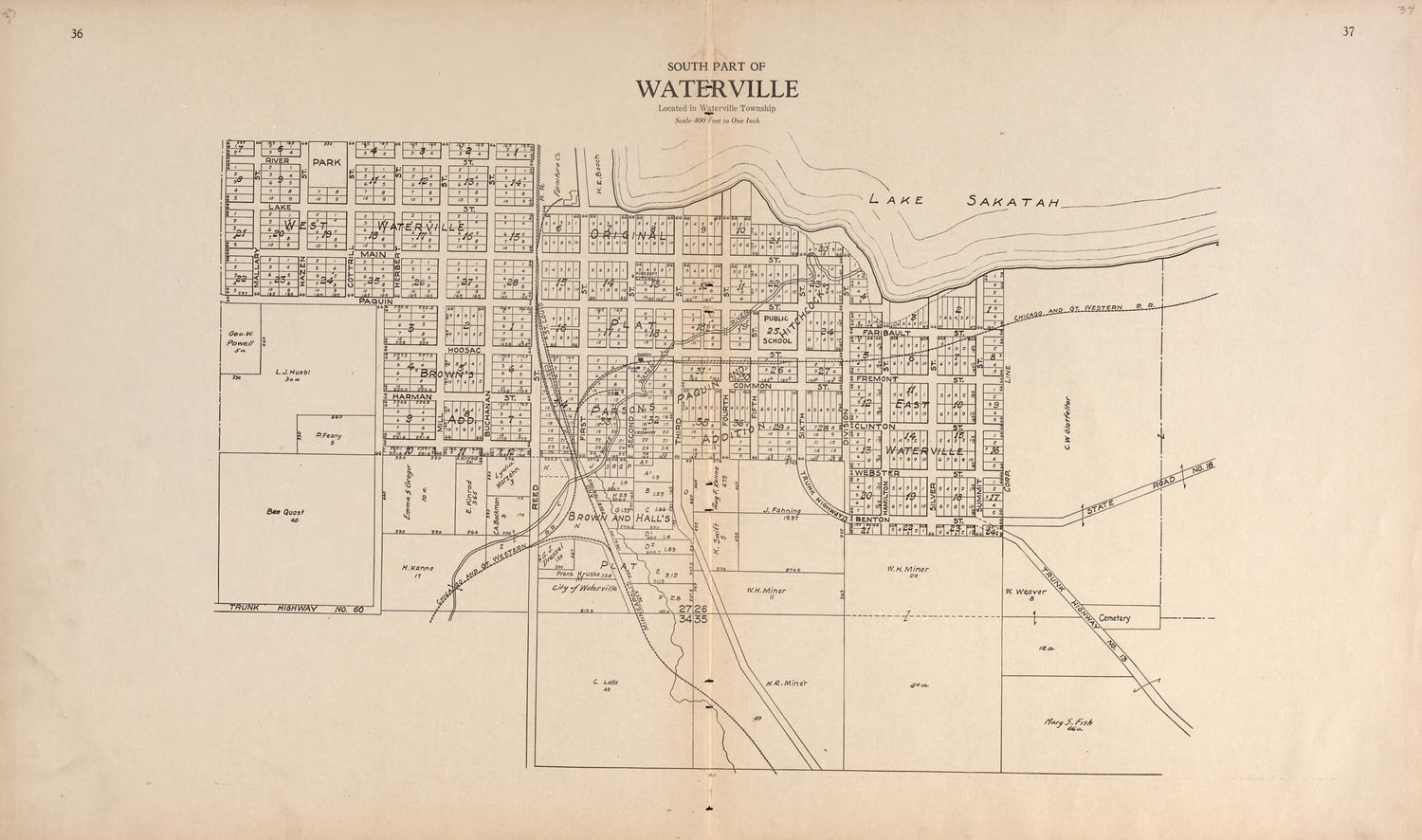 This old map of South Part of Waterville from Plat Book of Le Sueur County, Minnesota from 1928 was created by L. W. Prendergast in 1928