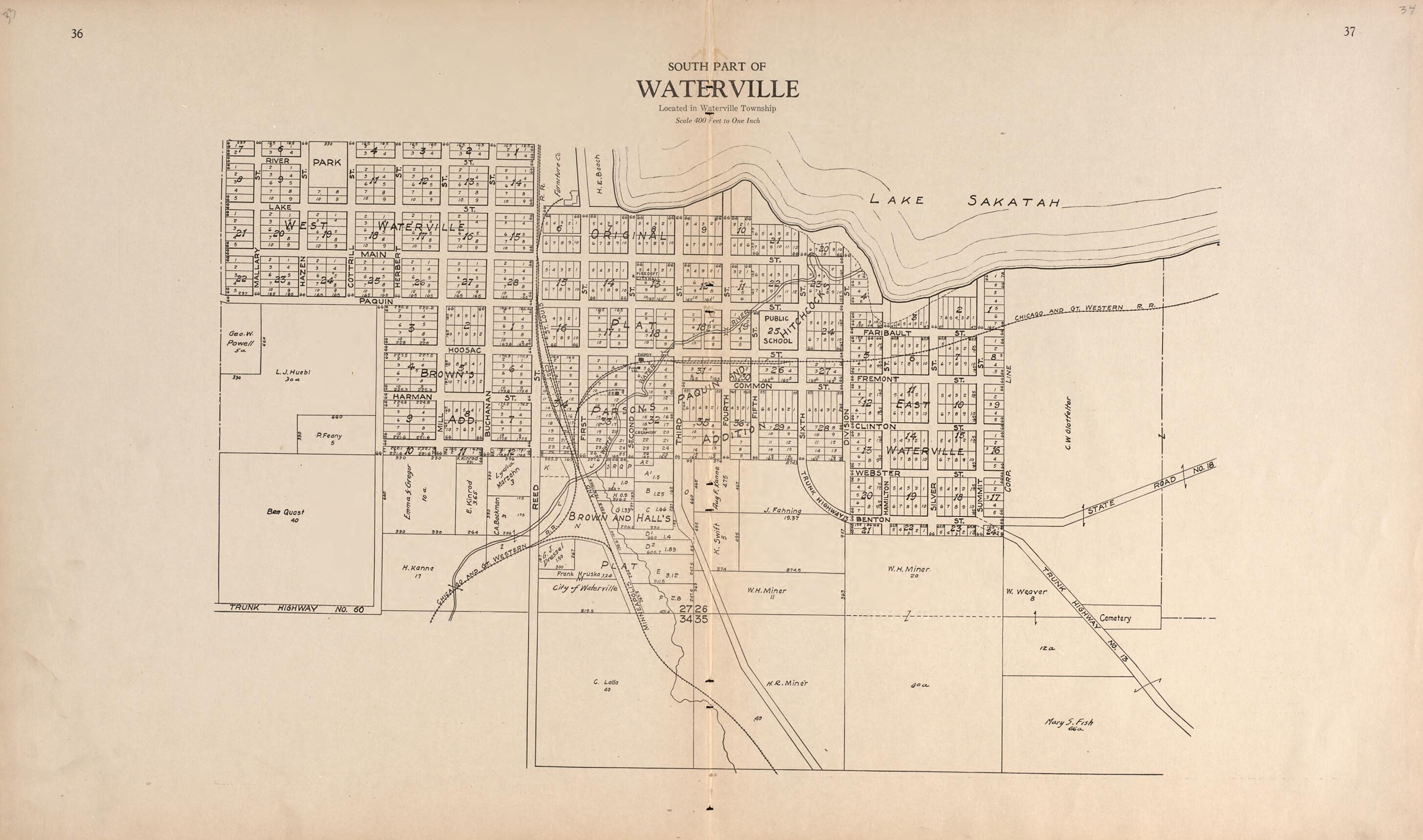 This old map of South Part of Waterville from Plat Book of Le Sueur County, Minnesota from 1928 was created by L. W. Prendergast in 1928