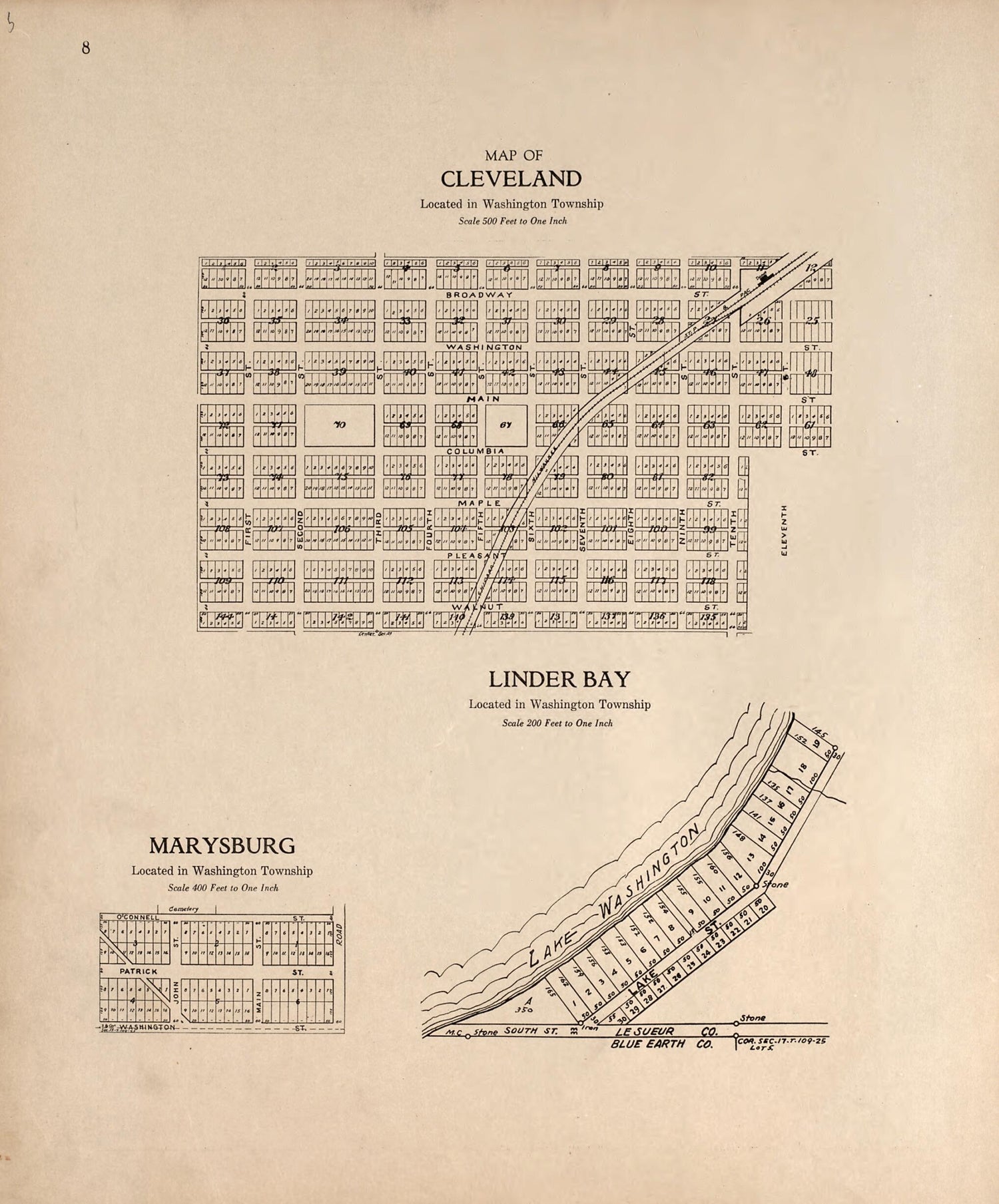 This old map of Map of Cleveland; Linder Bay; Marysburg from Plat Book of Le Sueur County, Minnesota from 1928 was created by L. W. Prendergast in 1928