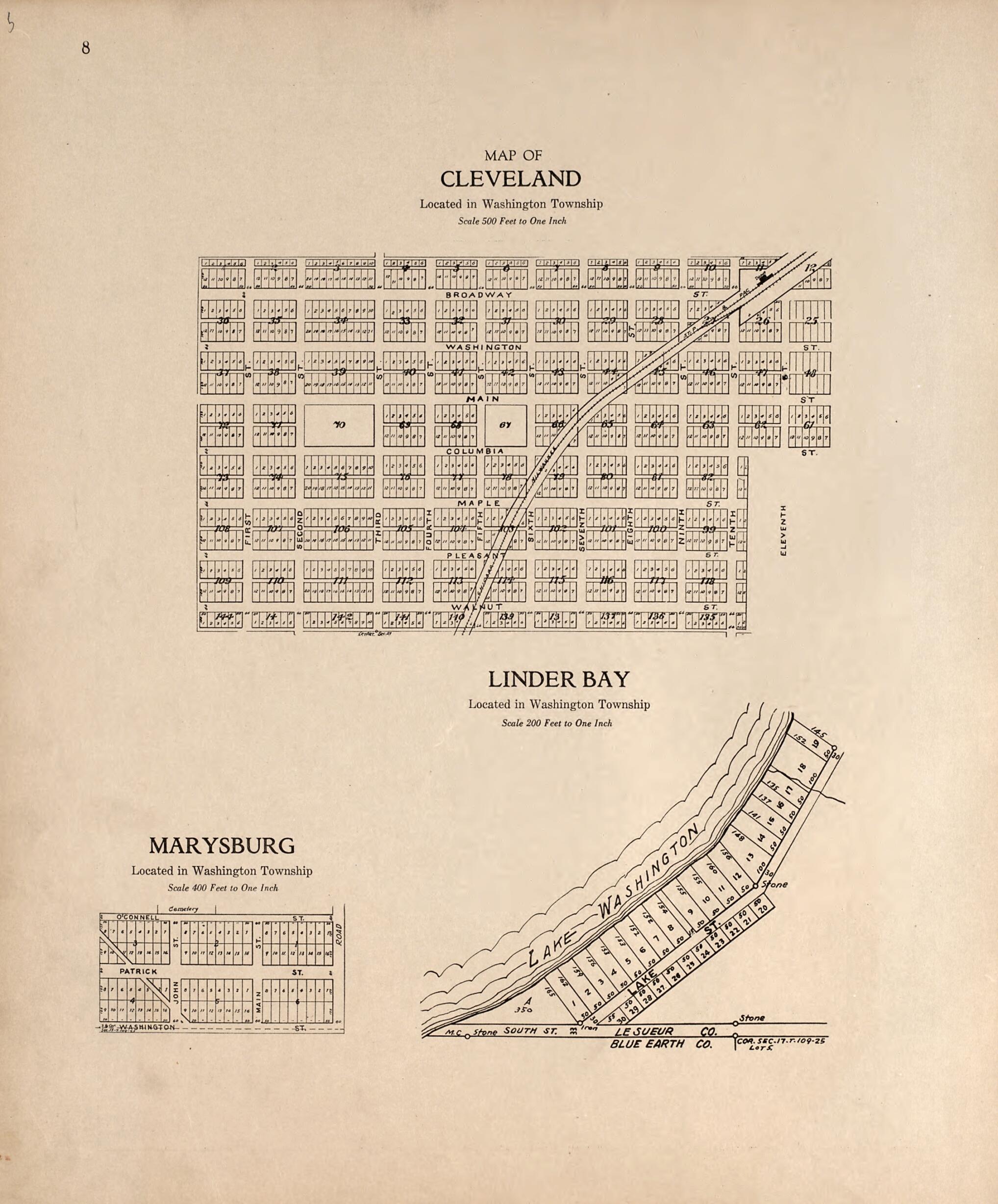 This old map of Map of Cleveland; Linder Bay; Marysburg from Plat Book of Le Sueur County, Minnesota from 1928 was created by L. W. Prendergast in 1928