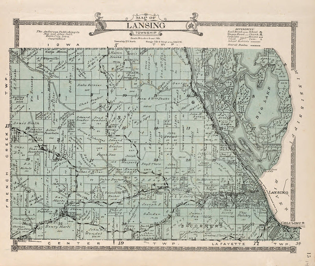 This old map of Lansing Township from Atlas of Allamakee County, Iowa from 1917 was created by  Anderson Publishing Company in 1917