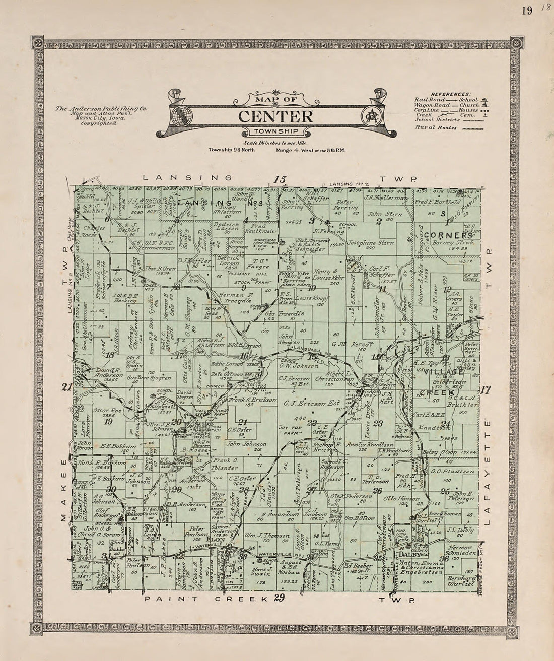 This old map of Center Township from Atlas of Allamakee County, Iowa from 1917 was created by  Anderson Publishing Company in 1917