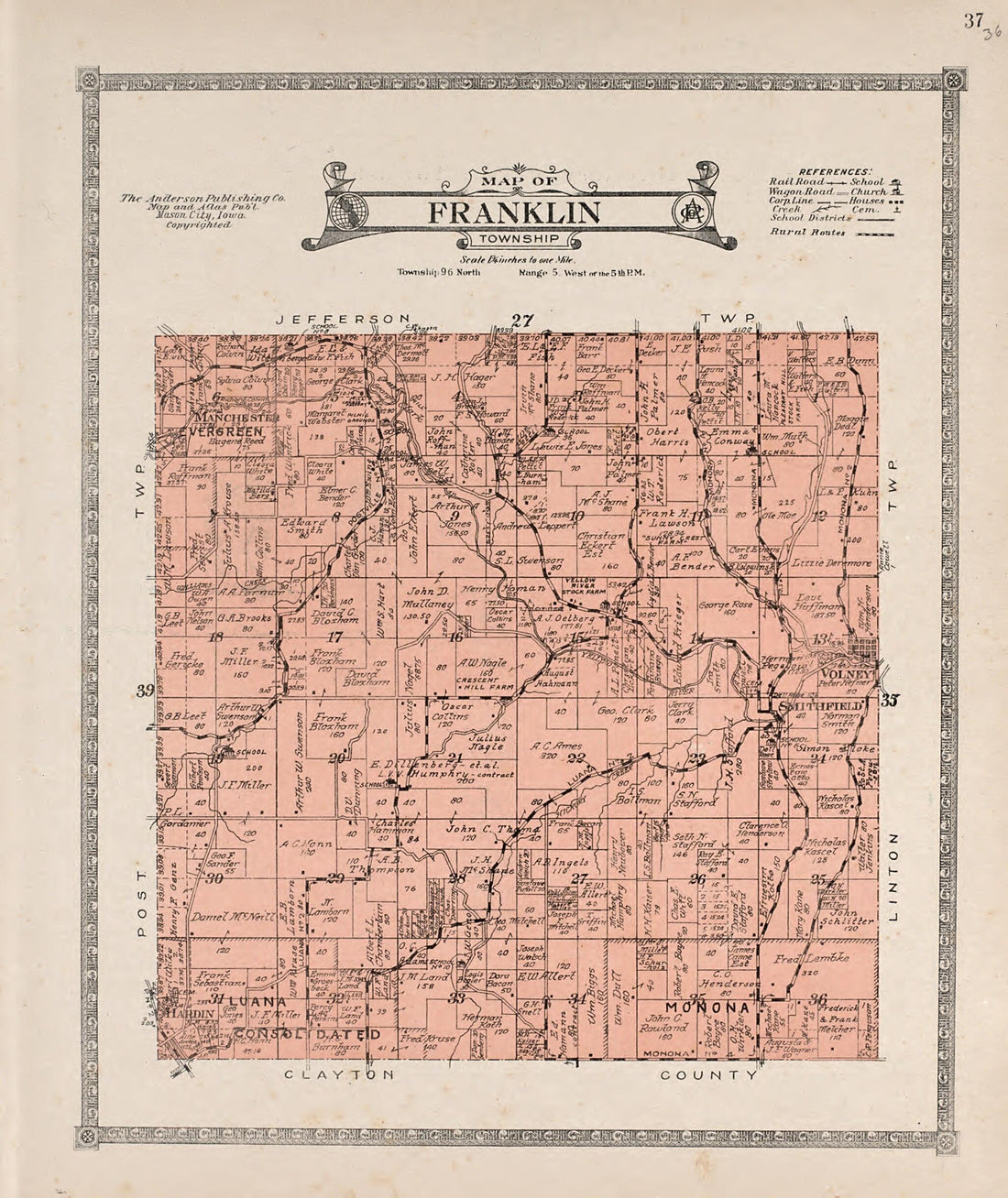 This old map of Franklin Township from Atlas of Allamakee County, Iowa from 1917 was created by  Anderson Publishing Company in 1917