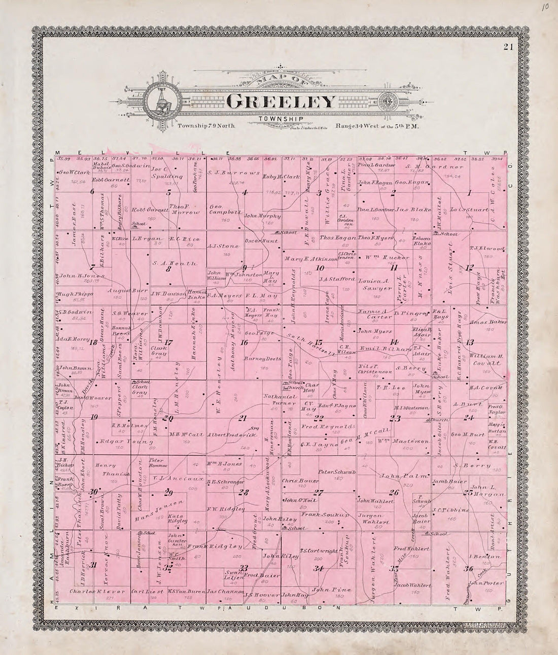 This old map of Greeley Township from Standard Atlas of Audubon County, Iowa from 1900 was created by  Geo. A. Ogle &amp; Co in 1900