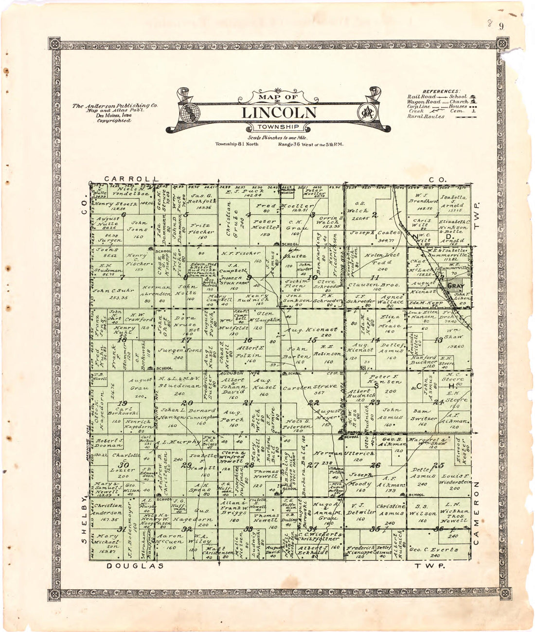 This old map of Map of Lincoln Township from Atlas of Audubon County, Iowa from 1921 was created by  Anderson Publishing Company in 1921