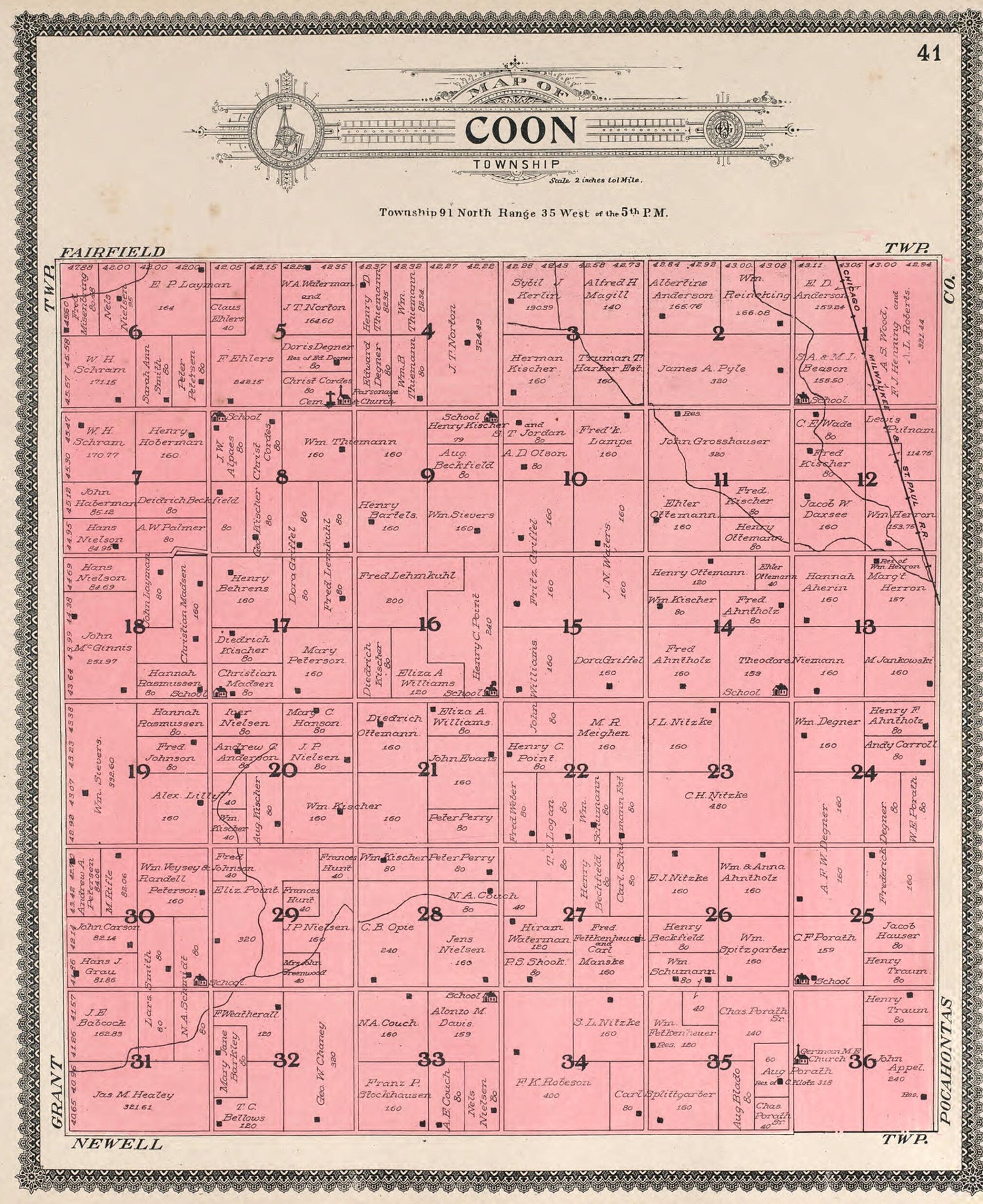 This old map of Coon from Standard Atlas of Buena Vista County, Iowa from 1908 was created by  Geo. A. Ogle &amp; Co in 1908