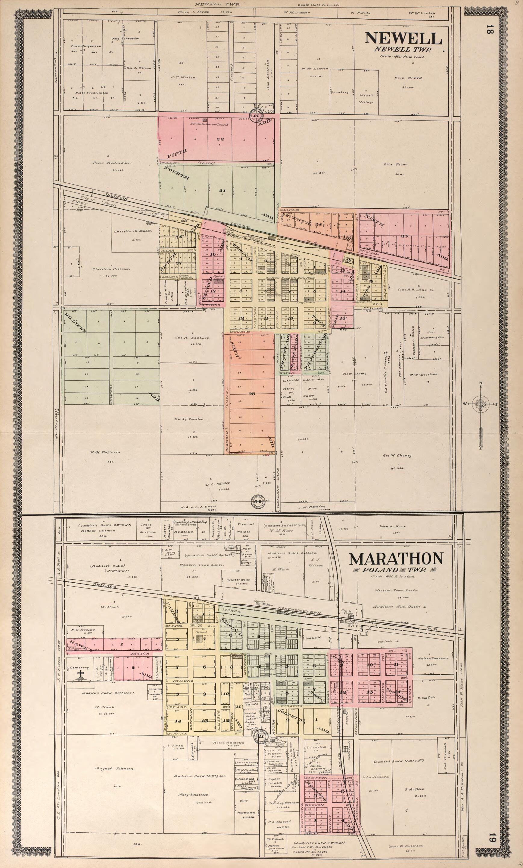 This old map of Newell and Marathon from Standard Atlas of Buena Vista County, Iowa from 1908 was created by  Geo. A. Ogle &amp; Co in 1908