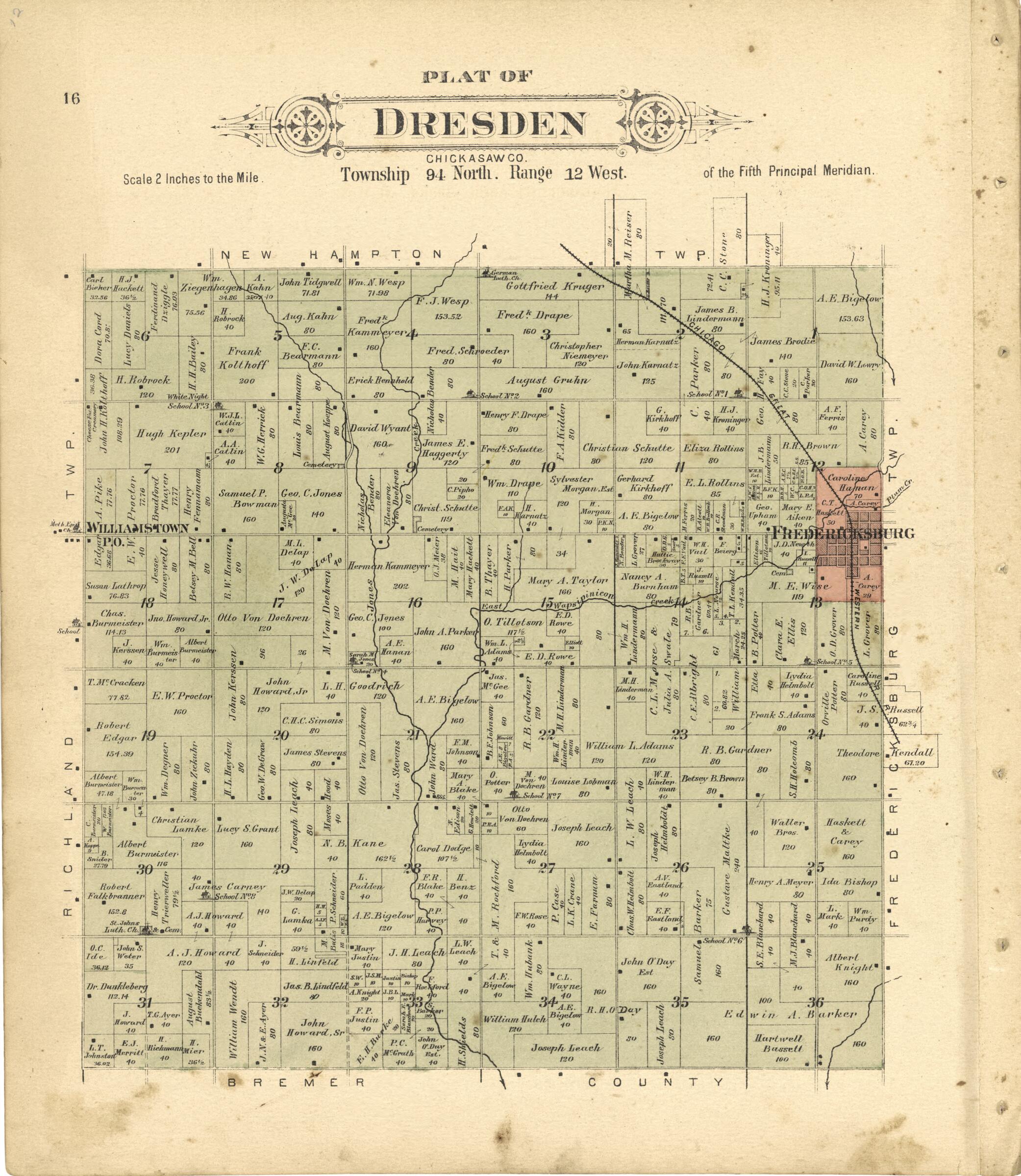 This old map of Plat of Dresden from Plat Book of Chickasaw County, Iowa from 1892 was created by  North West Publishing Co in 1892