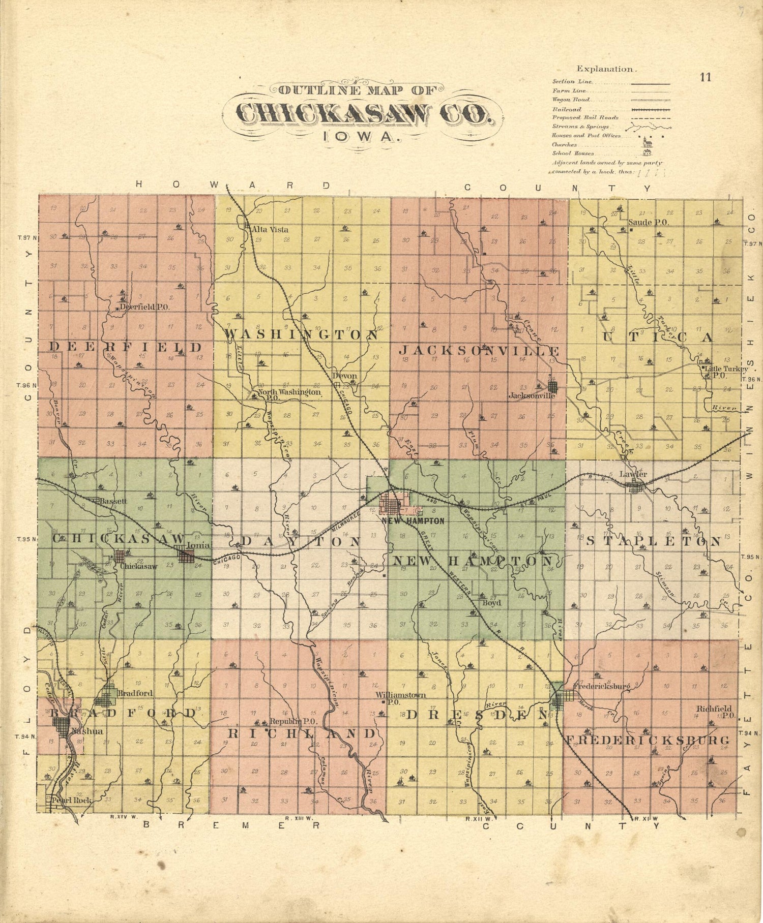 This old map of Outline Map of Chickasaw Co. Iowa from Plat Book of Chickasaw County, Iowa from 1892 was created by  North West Publishing Co in 1892