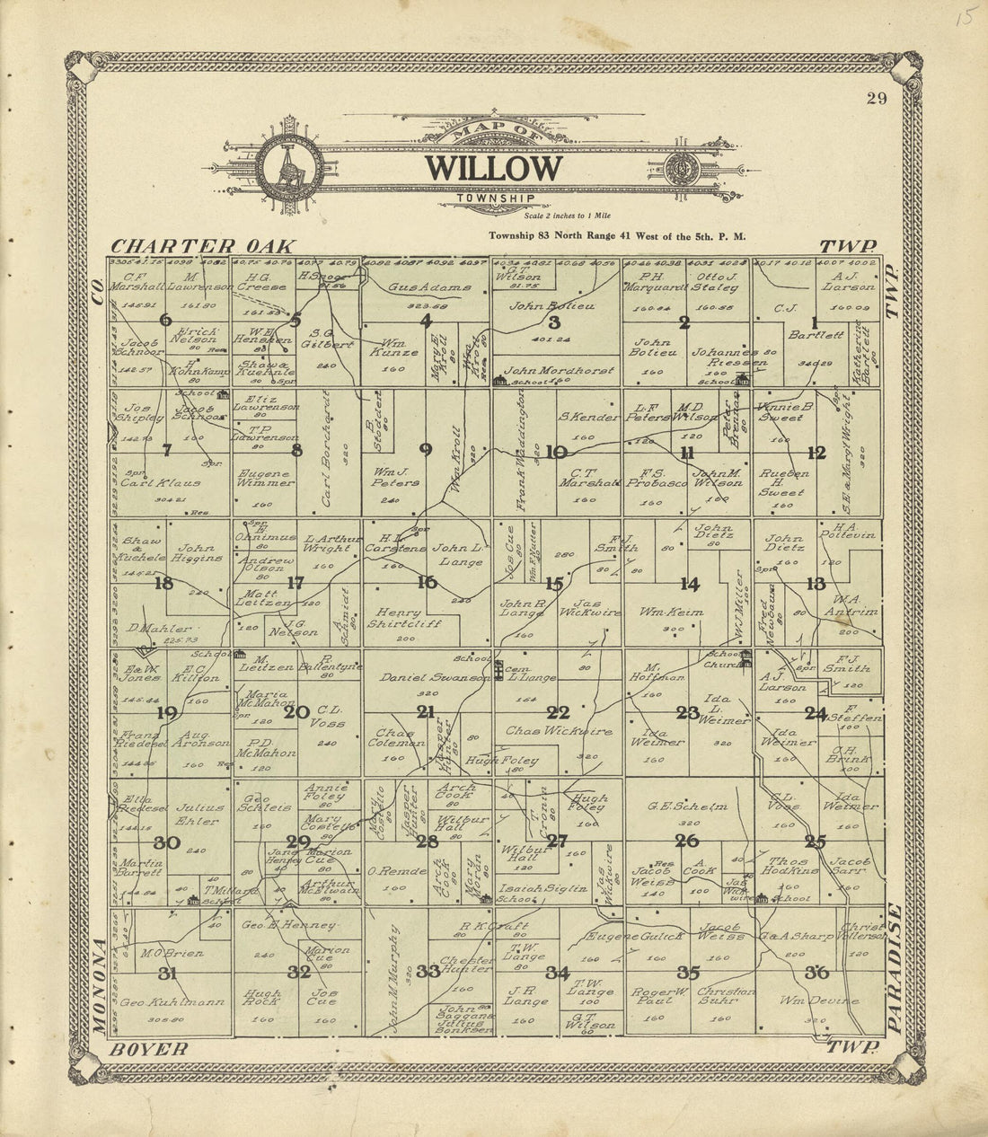 This old map of Map of Willow Township from Standard Atlas of Crawford County, Iowa from 1908 was created by  Geo. A. Ogle &amp; Co in 1908