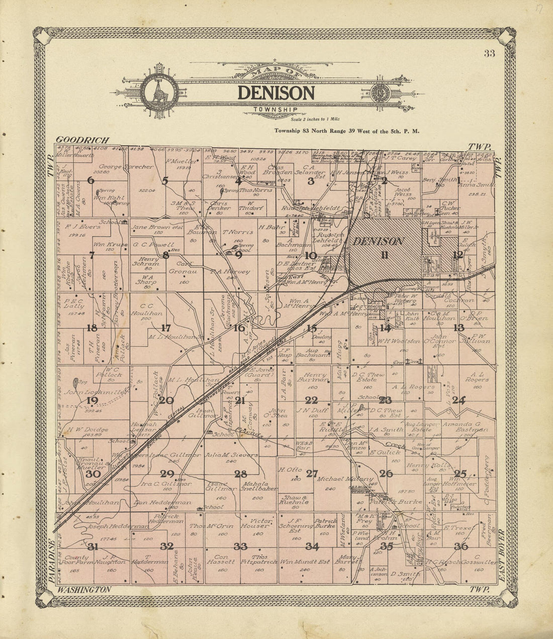 This old map of Map of Denison Township from Standard Atlas of Crawford County, Iowa from 1908 was created by  Geo. A. Ogle &amp; Co in 1908