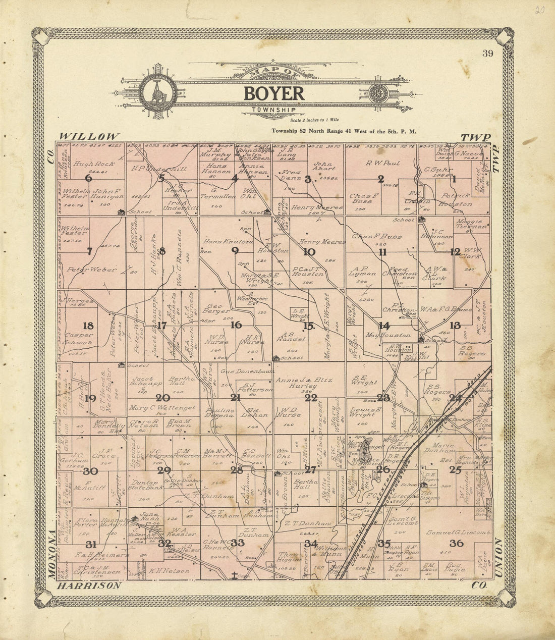 This old map of Map of Boyer Township from Standard Atlas of Crawford County, Iowa from 1908 was created by  Geo. A. Ogle &amp; Co in 1908