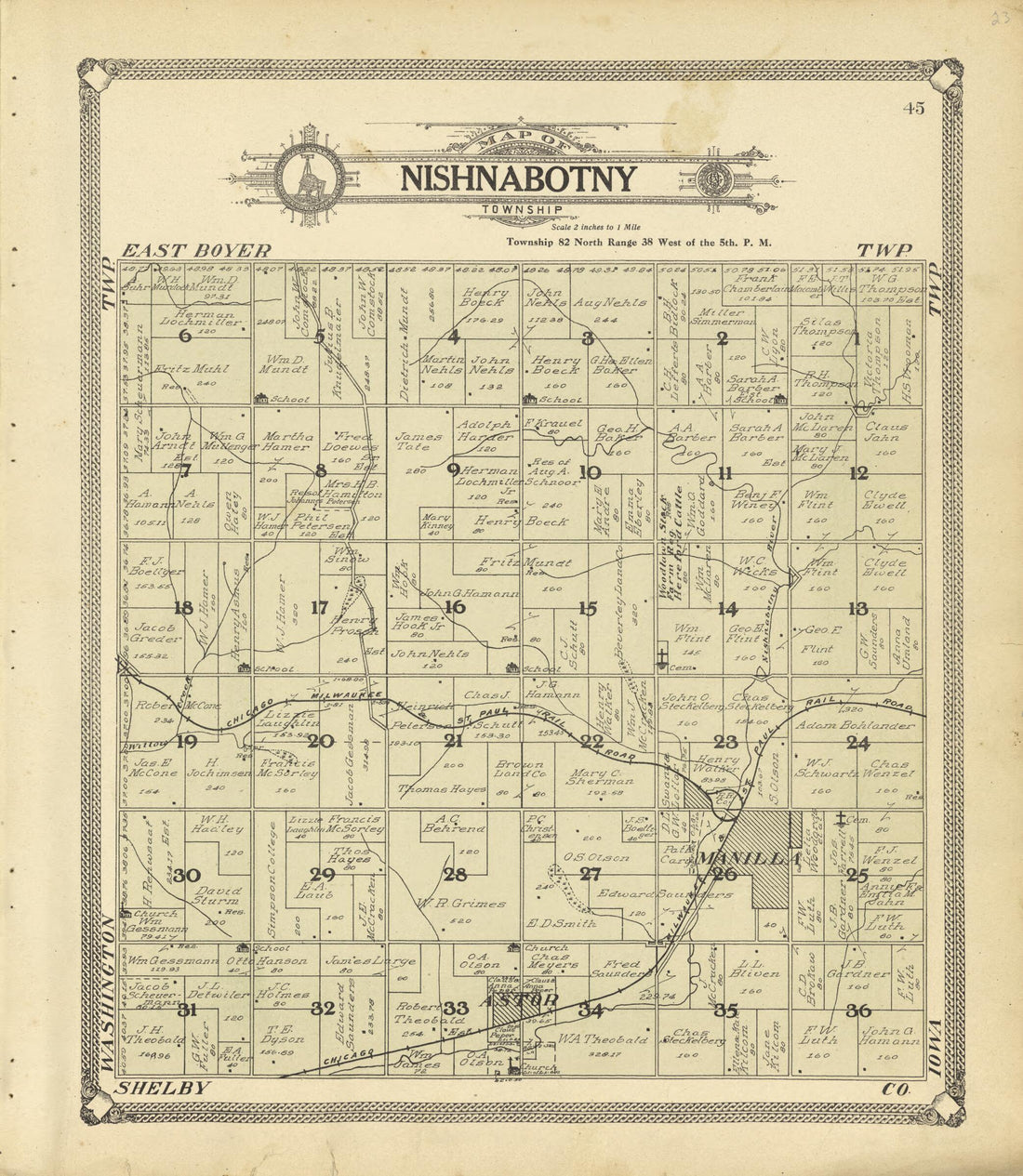 This old map of Map of Nishnabotny Township from Standard Atlas of Crawford County, Iowa from 1908 was created by  Geo. A. Ogle &amp; Co in 1908