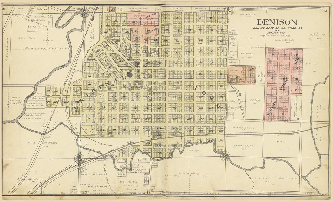 This old map of Denison, County Seat of Crawford Co., Iowa; Denison Twp. from Standard Atlas of Crawford County, Iowa from 1908 was created by  Geo. A. Ogle &amp; Co in 1908