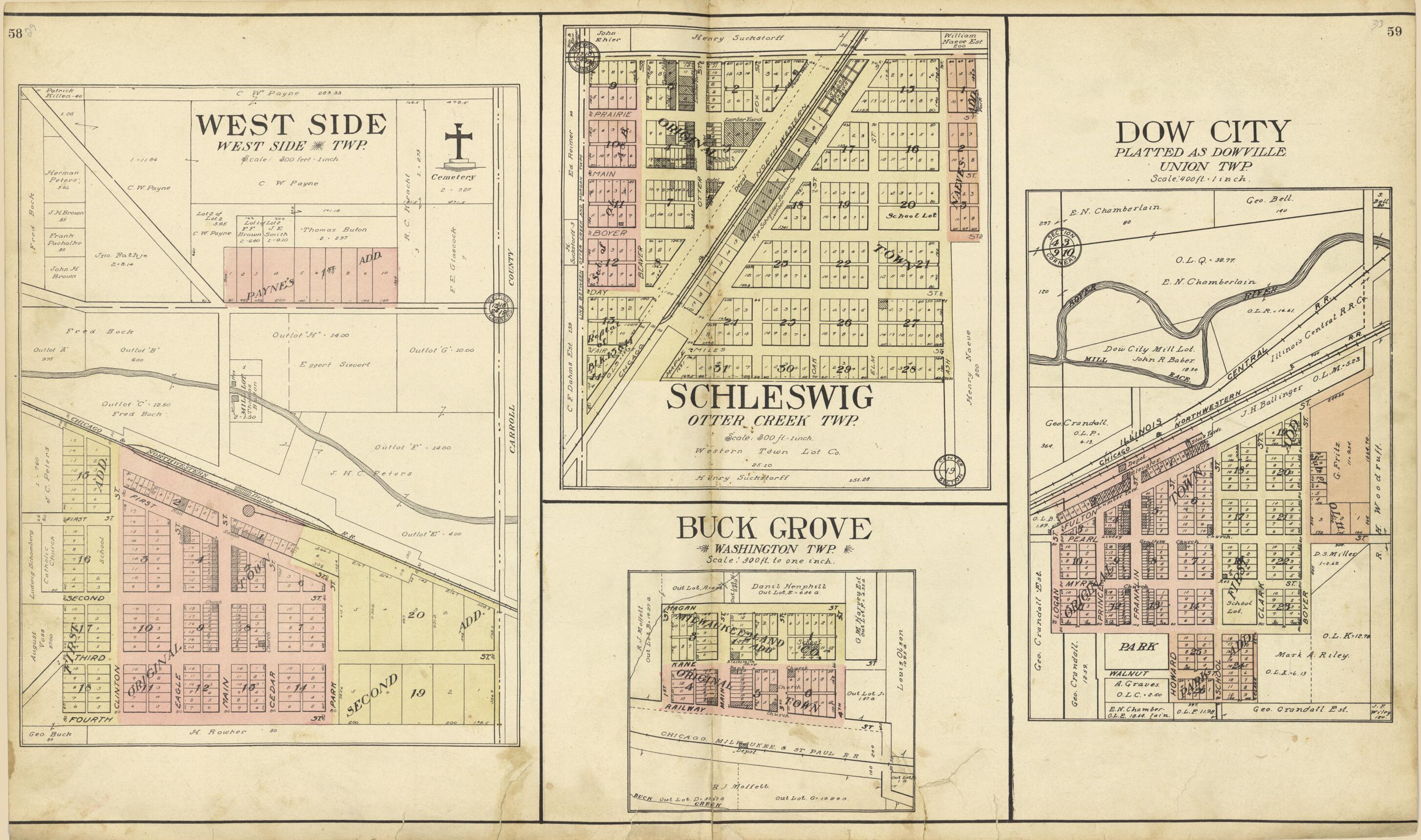 This old map of West Side; Schleswig; Dow City (Platted As Dowville); Buck Grove from Standard Atlas of Crawford County, Iowa from 1908 was created by  Geo. A. Ogle &amp; Co in 1908