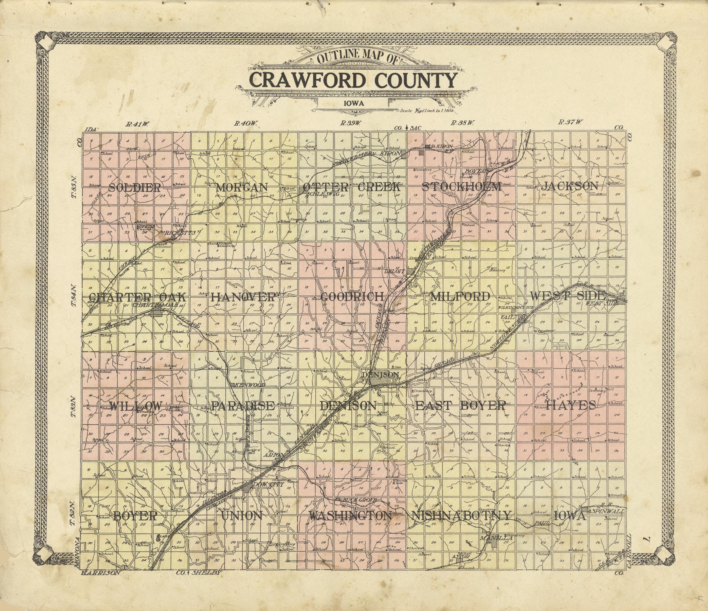 This old map of Outline Map of Crawford County, Iowa from Standard Atlas of Crawford County, Iowa from 1908 was created by  Geo. A. Ogle &amp; Co in 1908