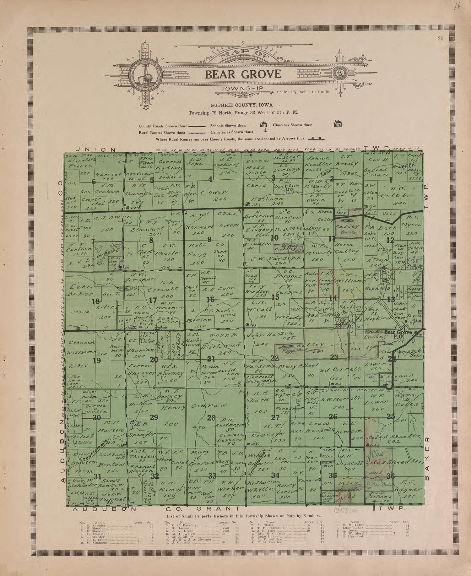 This old map of Bear Grove from Standard Atlas of Guthrie County, Iowa from 1917 was Created by Kenyon Company (Des Moines, Iowa) in 1917