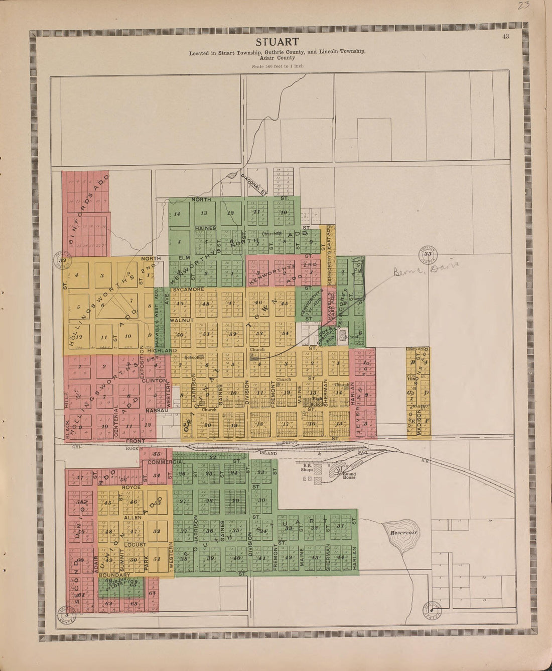 This old map of Stuart from Standard Atlas of Guthrie County, Iowa from 1917 was Created by Kenyon Company (Des Moines, Iowa) in 1917