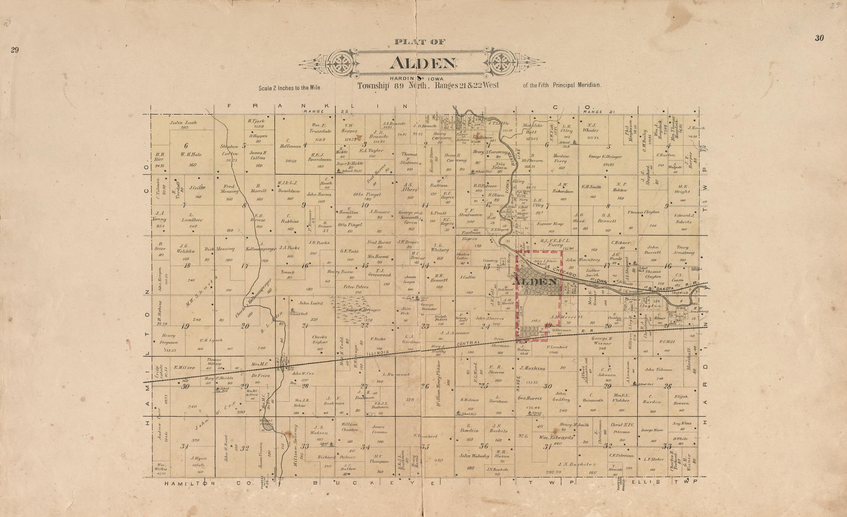 This old map of Plat of Alden from Plat Book of Hardin County, Iowa from 1892 was created by  North West Publishing Co in 1892