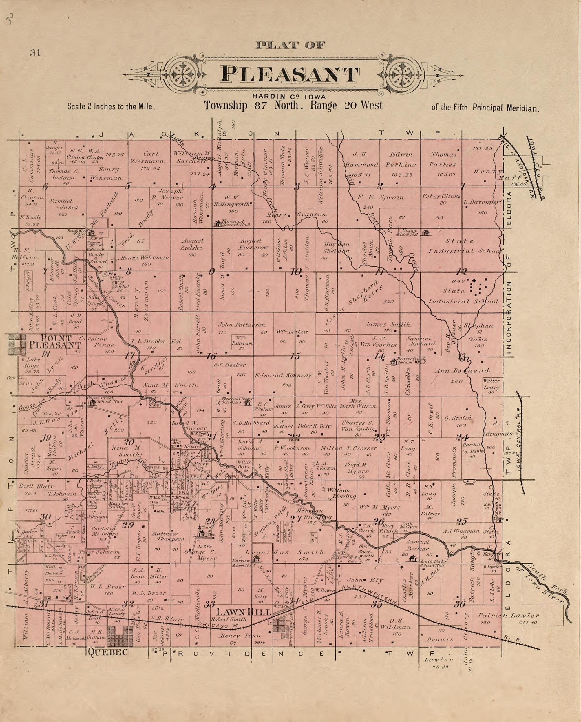 This old map of Plat of Pleasant from Plat Book of Hardin County, Iowa from 1892 was created by  North West Publishing Co in 1892