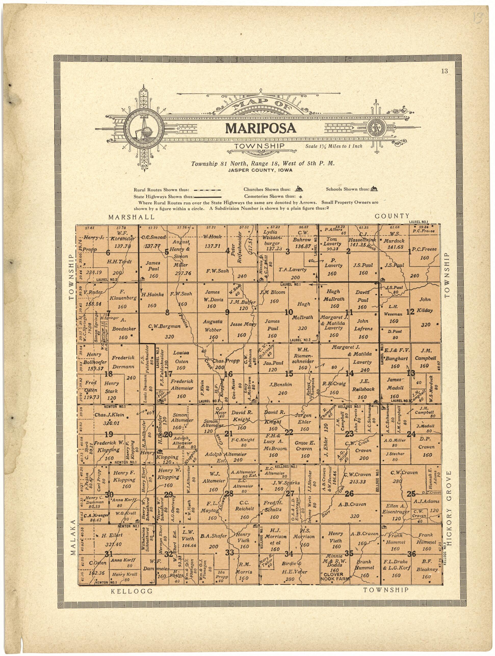 This old map of Map of Mariposa from Standard Atlas and Directory of Jasper County, Iowa from 1914 was created by Iowa) Kenyon Company (Des Moines in 1914