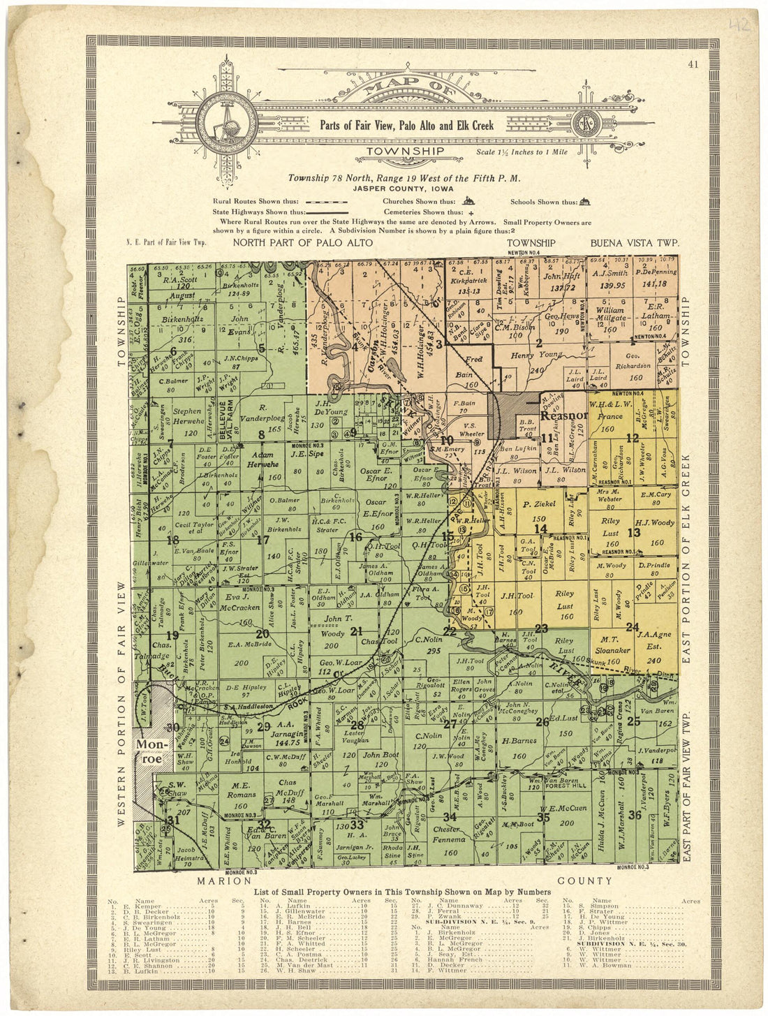 This old map of Map of Parts of Fair View, Palo Alto and Elk Creek Township from Standard Atlas and Directory of Jasper County, Iowa from 1914 was created by Iowa) Kenyon Company (Des Moines in 1914