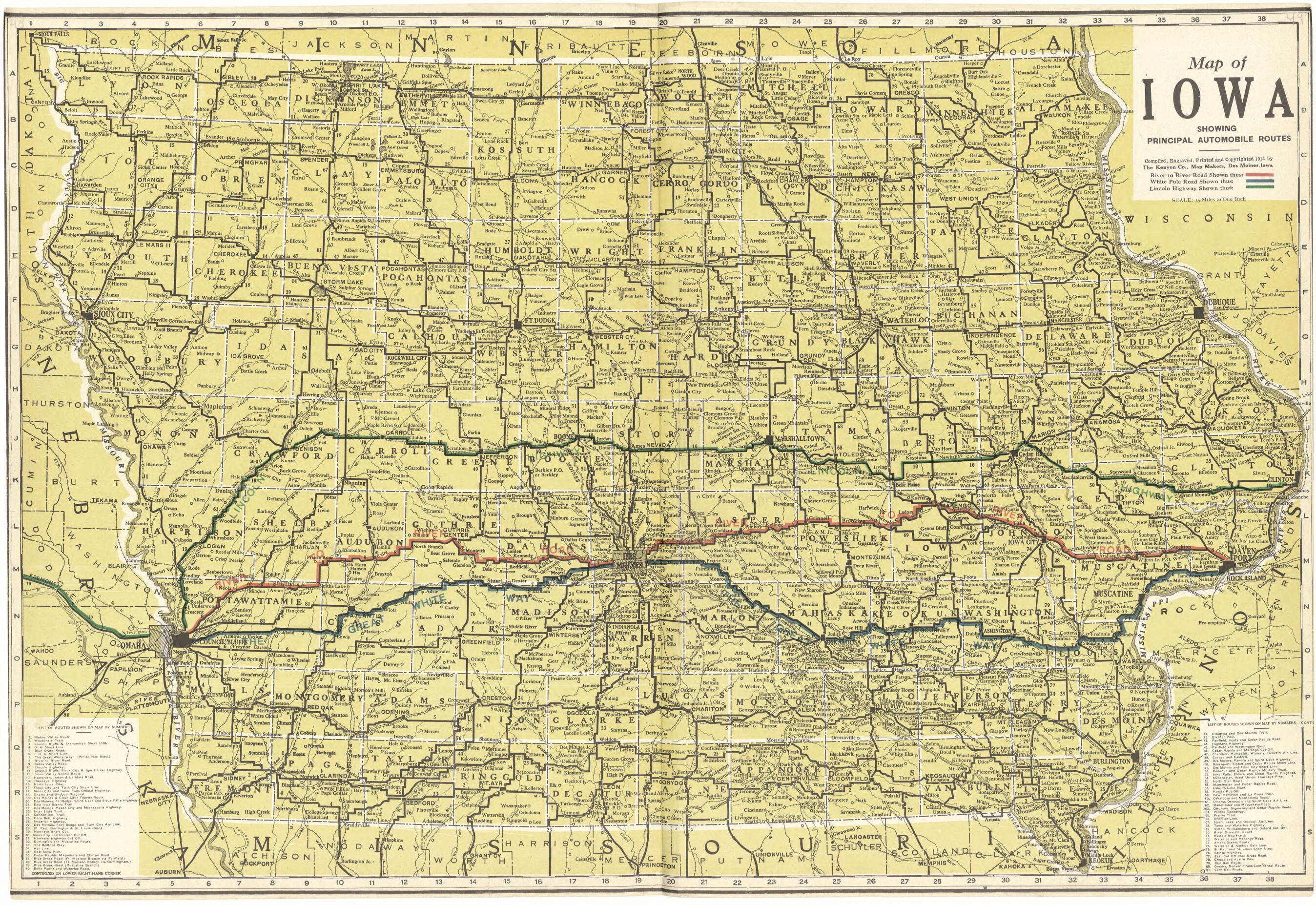 This old map of Map of Iowa Showing Principal Automobile Routes from Standard Atlas and Directory of Jasper County, Iowa from 1914 was created by Iowa) Kenyon Company (Des Moines in 1914