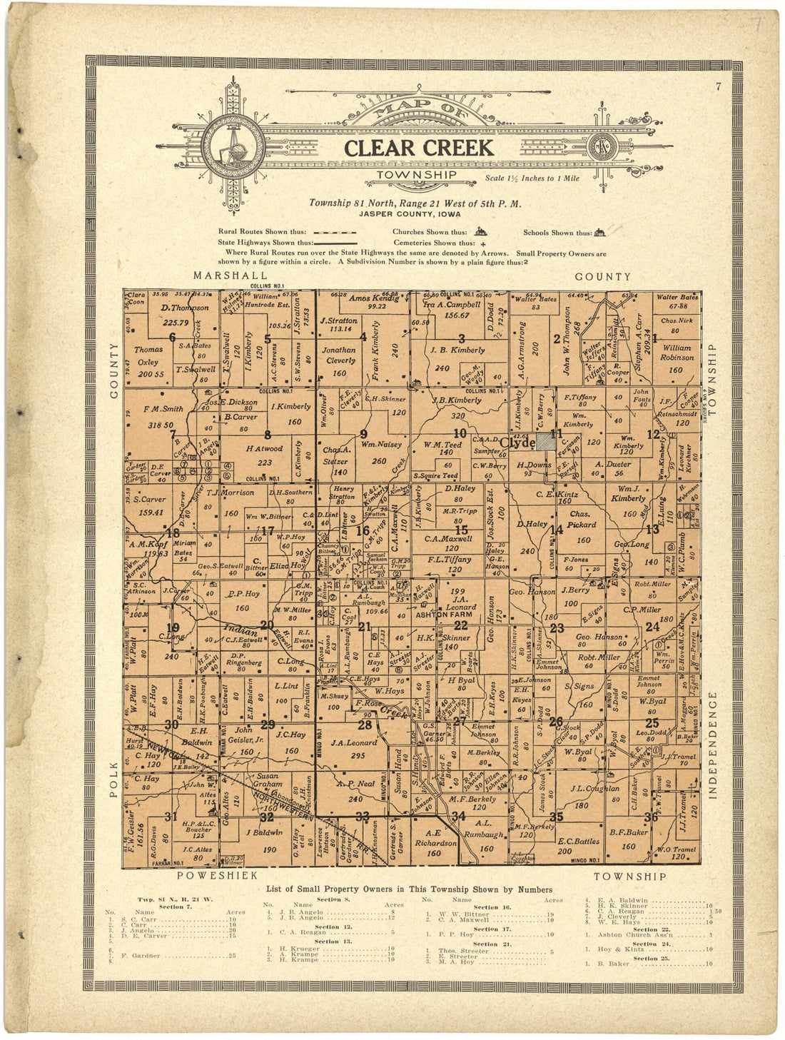 This old map of Map of Clear Creek Township from Standard Atlas and Directory of Jasper County, Iowa from 1914 was created by Iowa) Kenyon Company (Des Moines in 1914