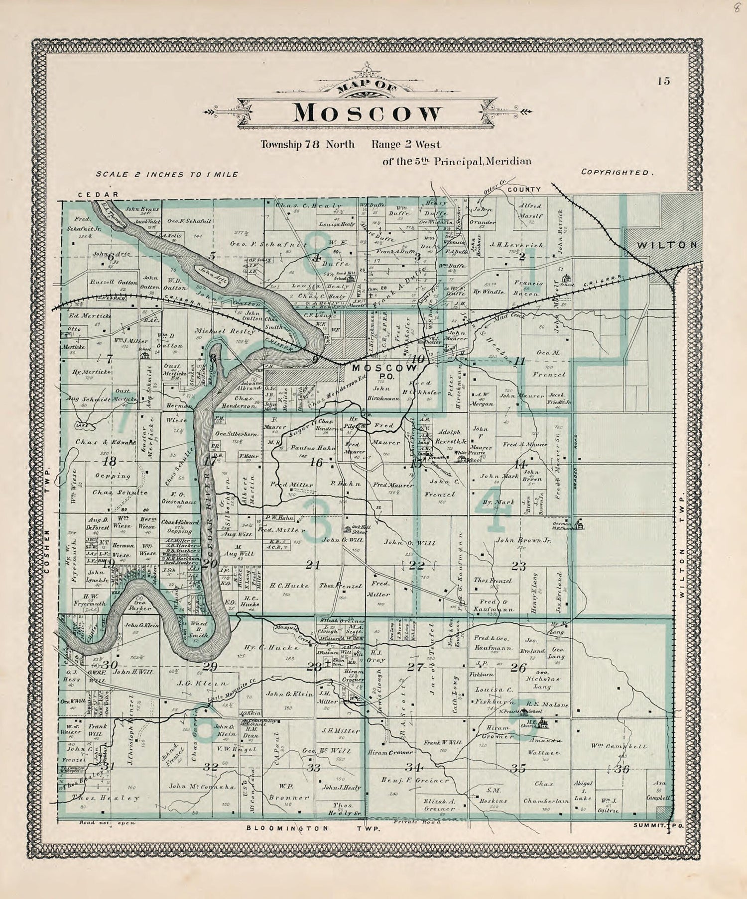 This old map of Map of Moscow from Atlas of Muscatine County, Iowa from 1899 was created by  Huebinger Surveying and Map Publishing Co in 1899