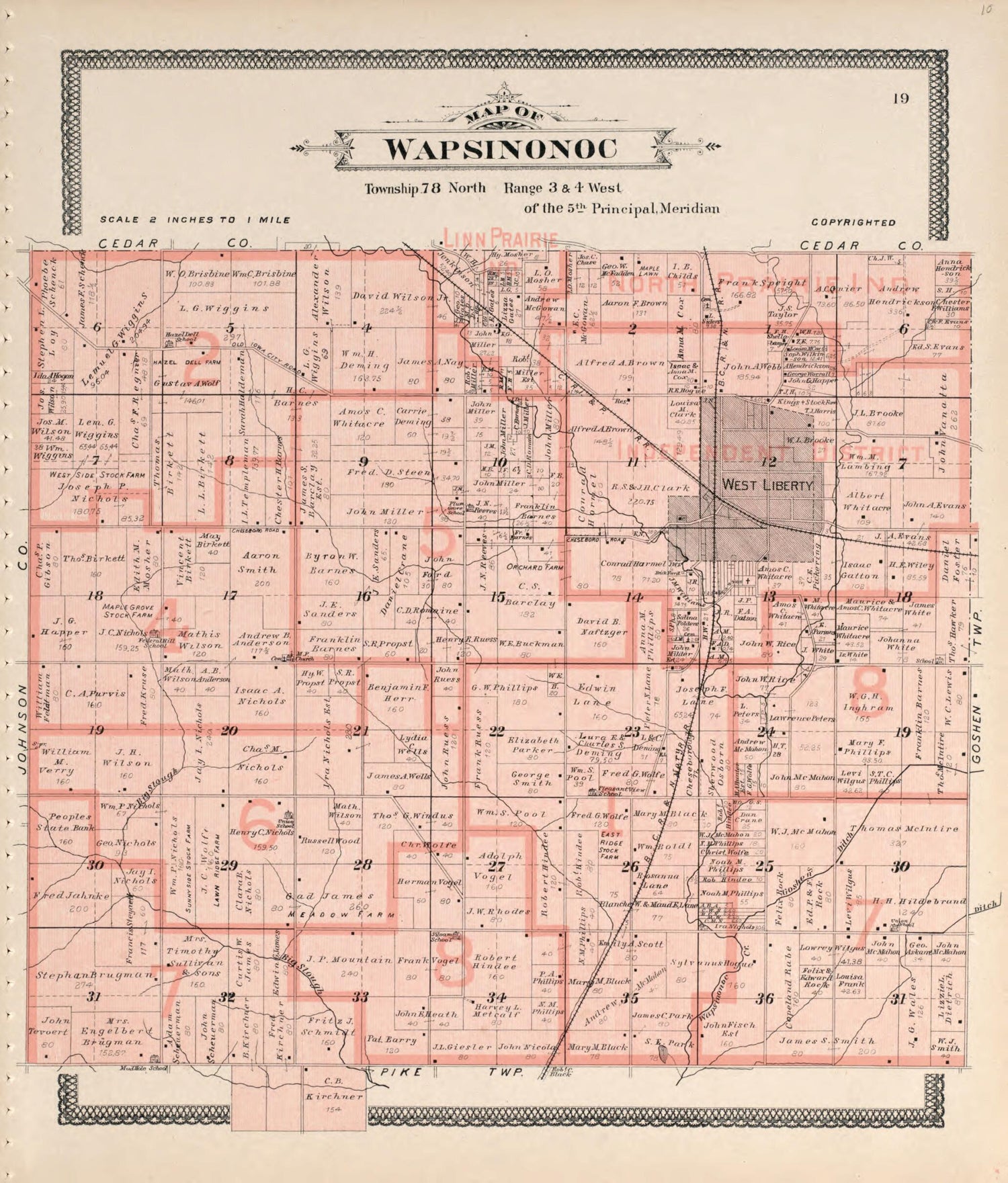 This old map of Map of Wapsinonoc from Atlas of Muscatine County, Iowa from 1899 was created by  Huebinger Surveying and Map Publishing Co in 1899