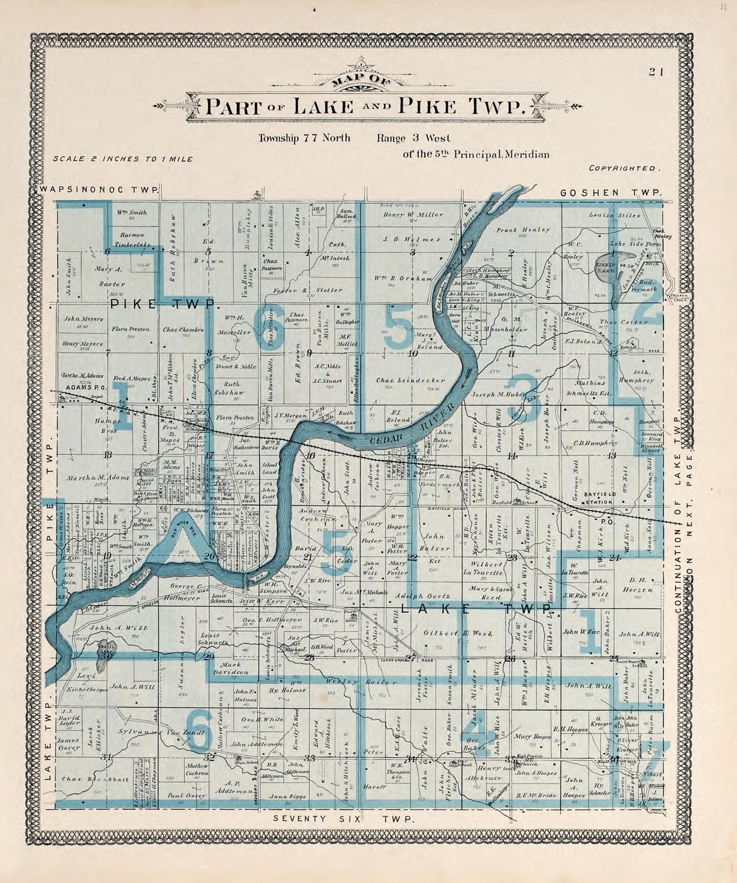 This old map of Map of Part of Lake and Pike Twp. from Atlas of Muscatine County, Iowa from 1899 was created by  Huebinger Surveying and Map Publishing Co in 1899