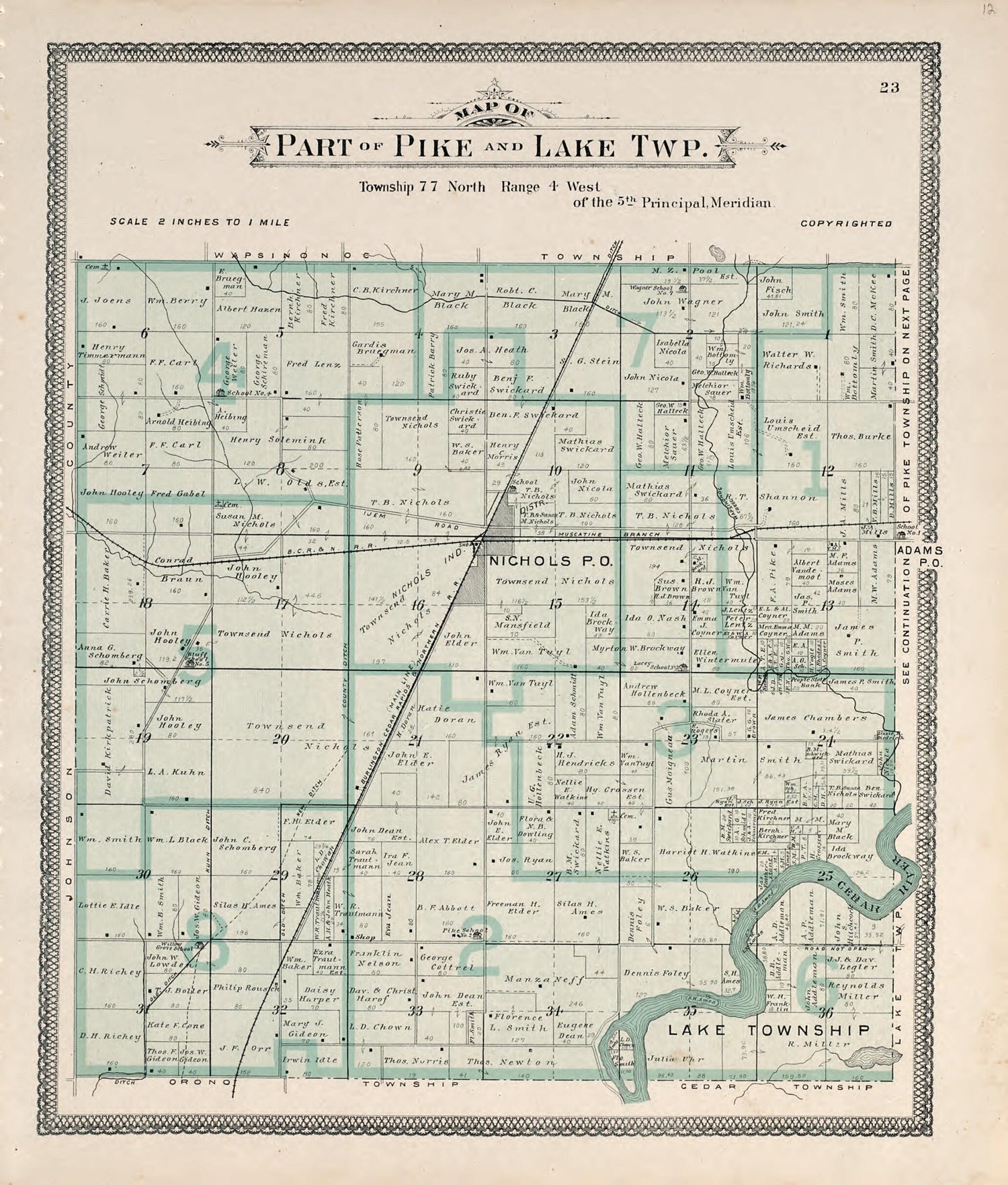 This old map of Map of Part of Pike and Lake Twp. from Atlas of Muscatine County, Iowa from 1899 was created by  Huebinger Surveying and Map Publishing Co in 1899