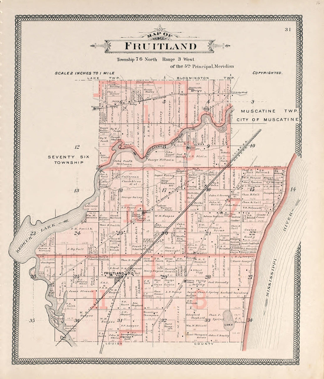 This old map of Map of Fruitland from Atlas of Muscatine County, Iowa from 1899 was created by  Huebinger Surveying and Map Publishing Co in 1899