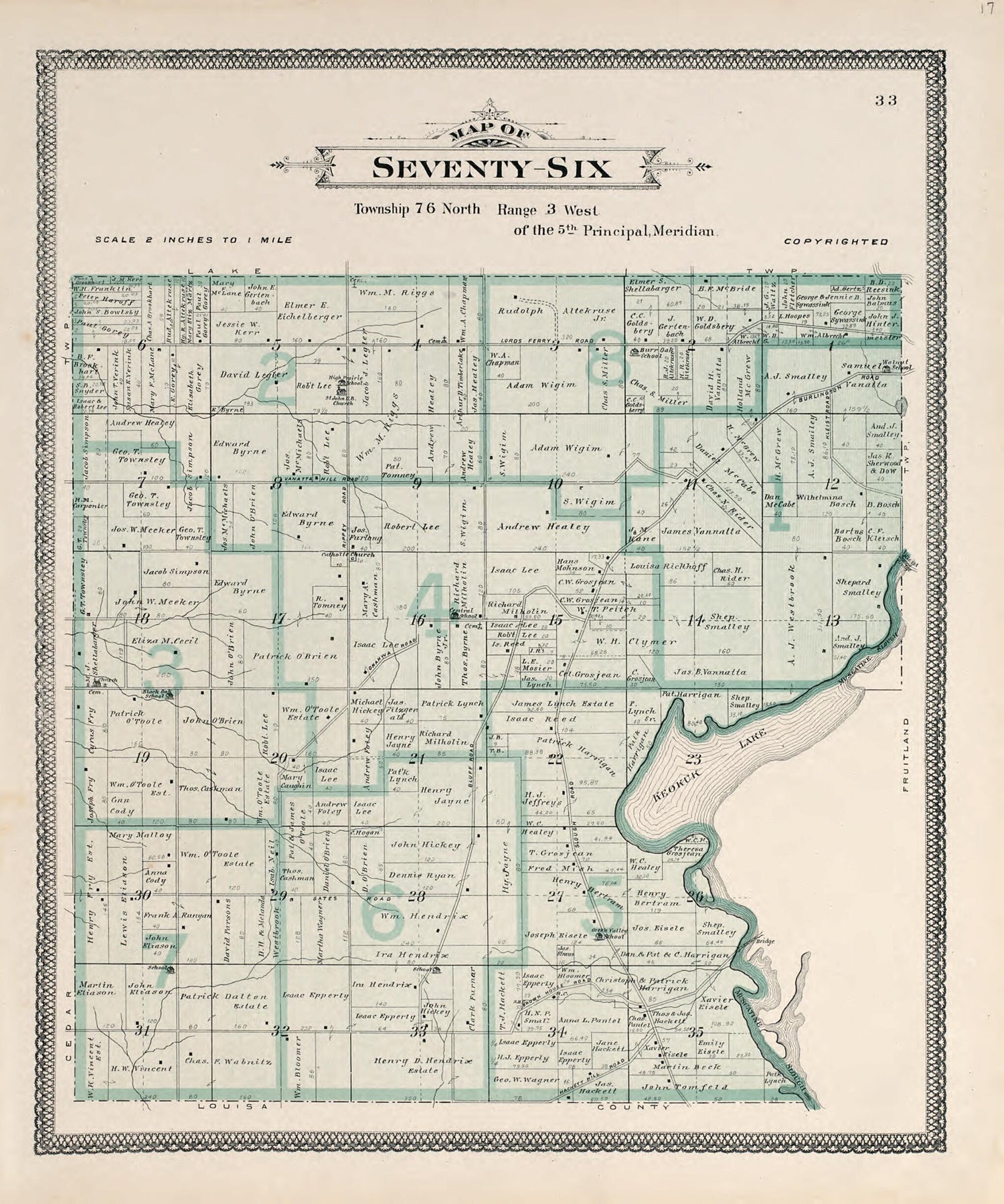 This old map of Map of Seventy-Six from Atlas of Muscatine County, Iowa from 1899 was created by  Huebinger Surveying and Map Publishing Co in 1899